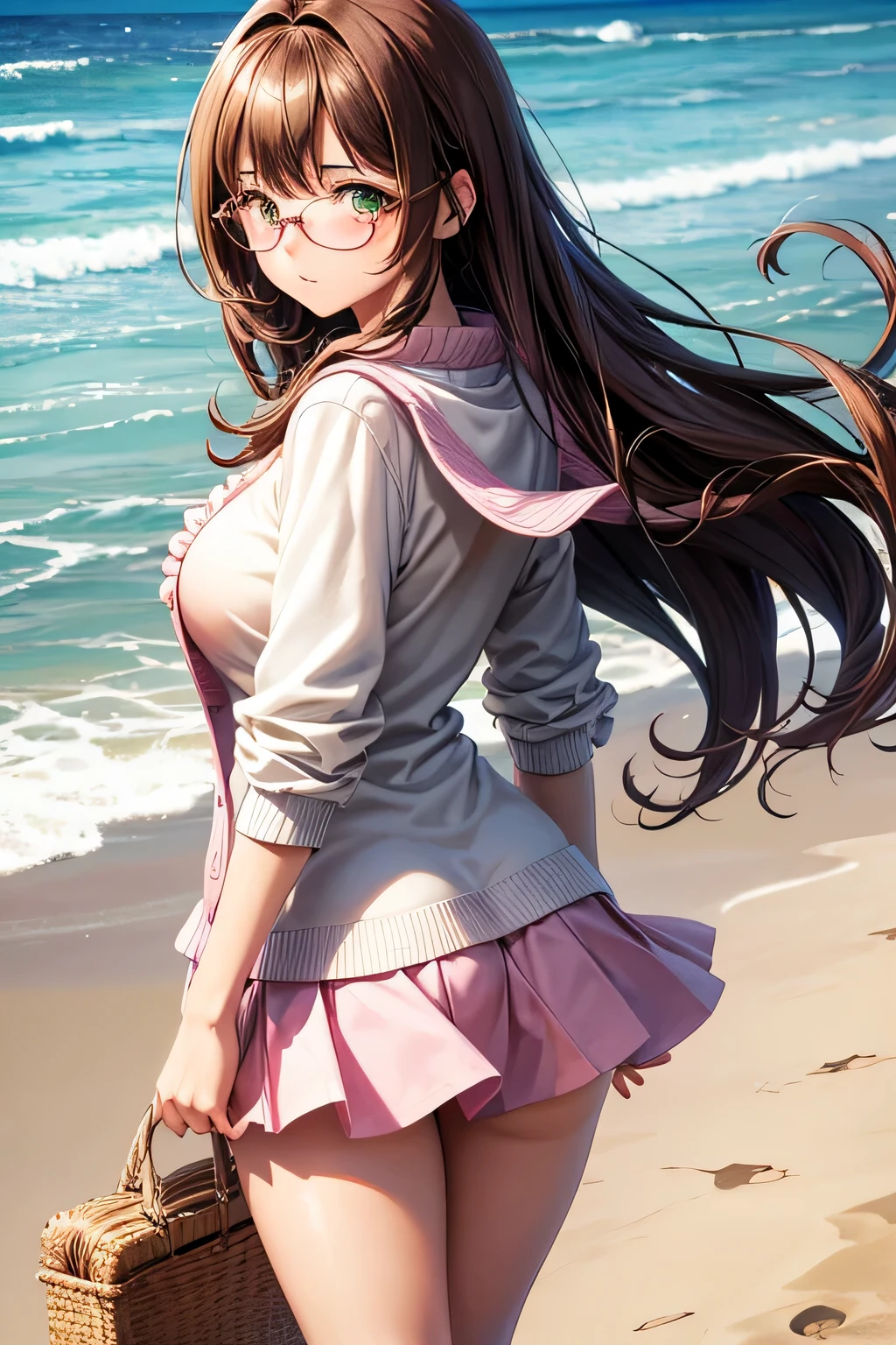 High resolution, high quality, 1 girl, anime girl, Brown hair long hair, brown eyes, green glasses, sunburned skin, big breasts, (big ass),pink cardigan,white ruffle skirt,white knee socks,Upper body,walk,on the beach,