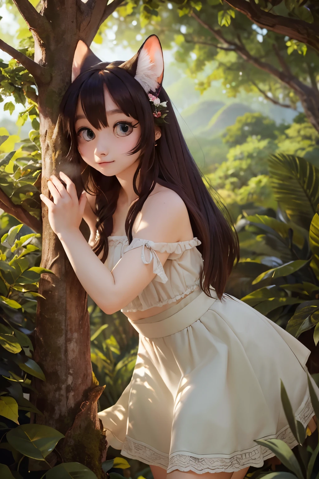 A 19-year-old girl, with long, straight dark hair cascading down her shoulders, gracefully poses sideways against the backdrop of a stunning landscape. Surrounded by the vibrant hues of nature, the girl's figure is illuminated by soft, natural sunlight filtering through the trees. The lush greenery and vivid colors of the scene harmoniously blend with the girl's delicate features, creating a breathtakingly beautiful and unified composition. The high-resolution, 8K image captures every fine detail of the girl's visage and the intricacies of the natural environment. From the expressiveness of her eyes to the intricacies of