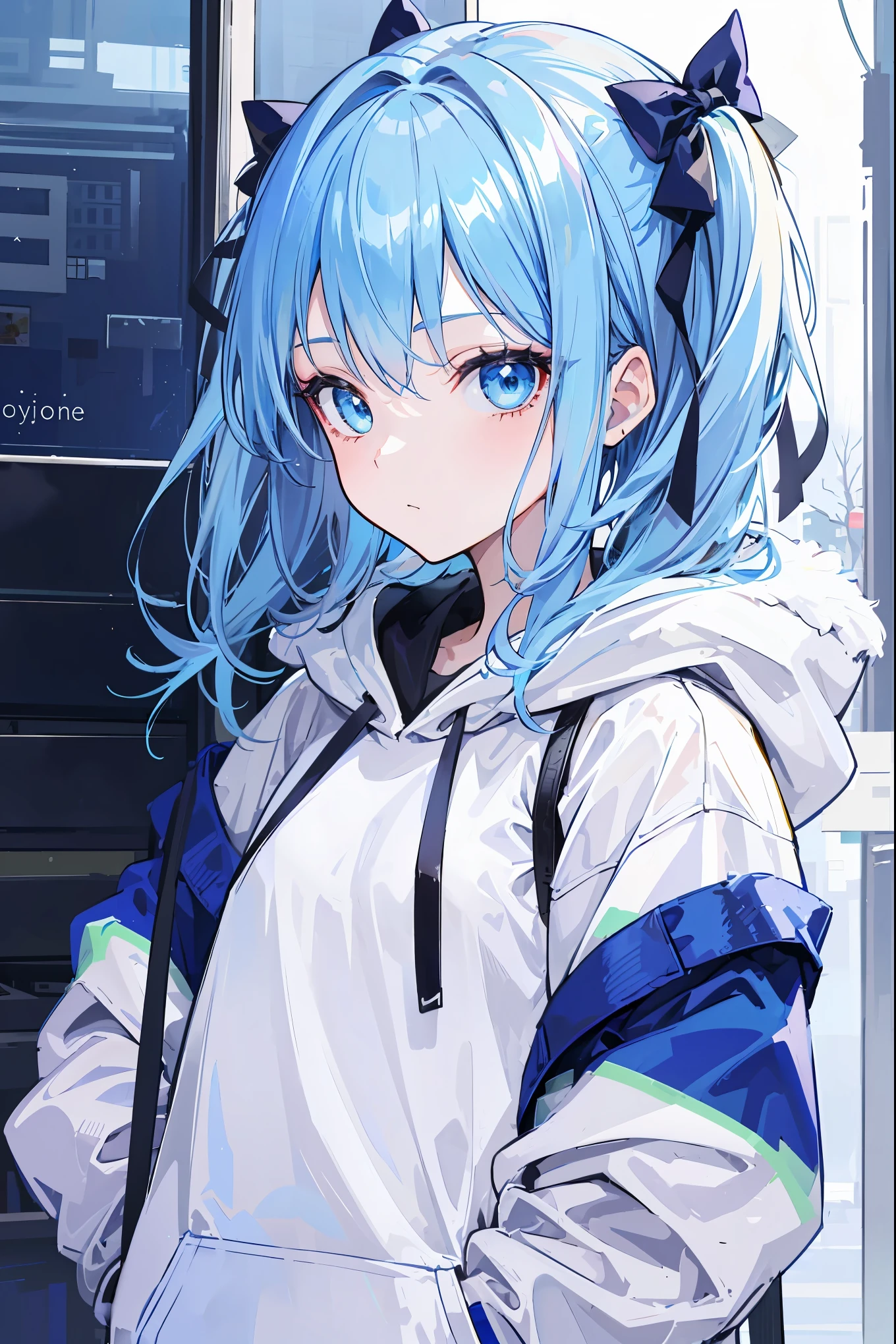 1girl,light blue hair,blue eyes,hair ribbon,blue and white hoodie,winter,looking at viewer,profile picture, Eye-Level Shot