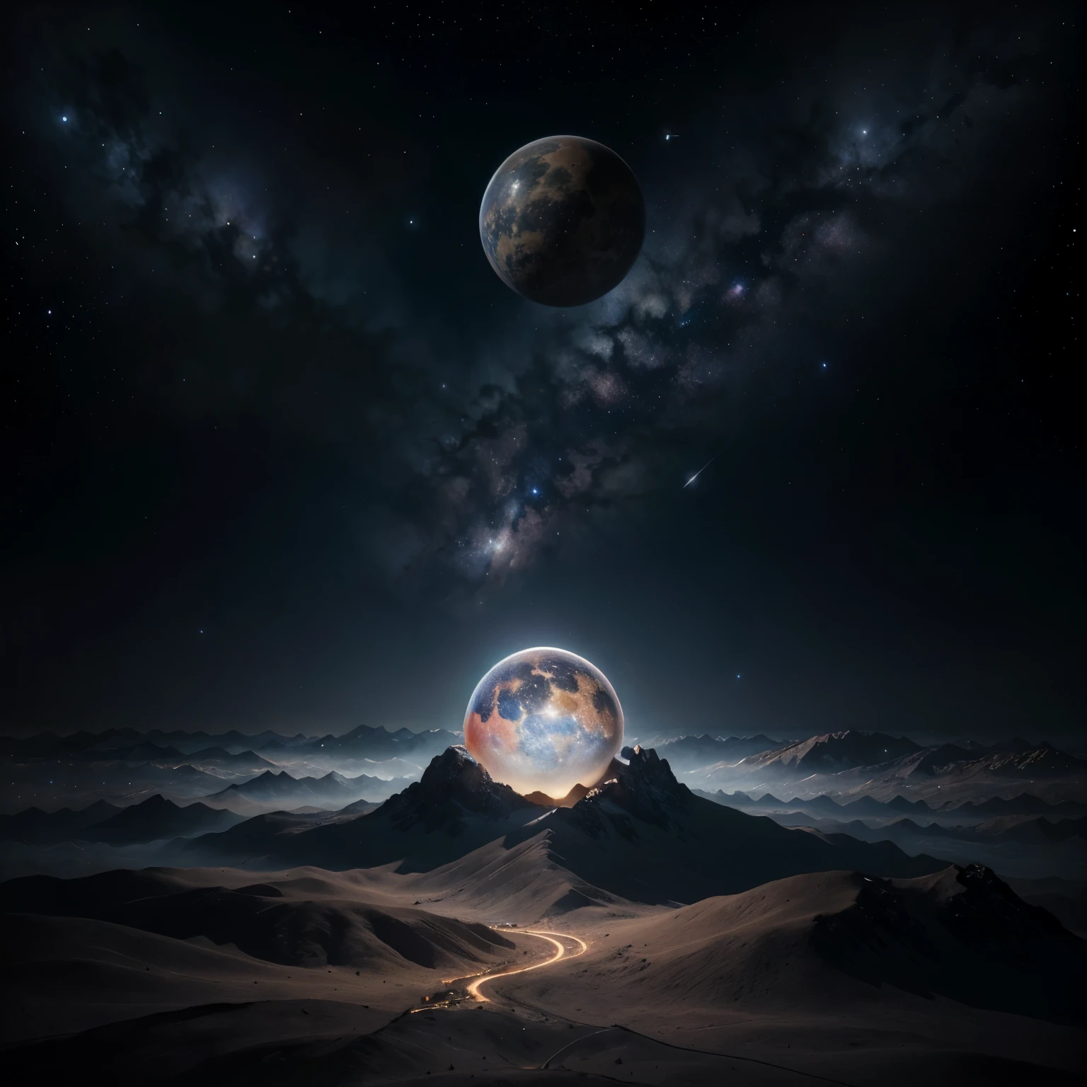 Create a surreal and vibrant cosmic scene featuring geometric shapes, celestial bodies, and an intricate cityscape. The scene should be centered around a glowing sphere emitting radiant light. The background should be filled with stars and galaxies, giving it a deep space atmosphere., trending on artstation, sharp focus, studio photo, intricate details, highly detailed, by greg rutkowski