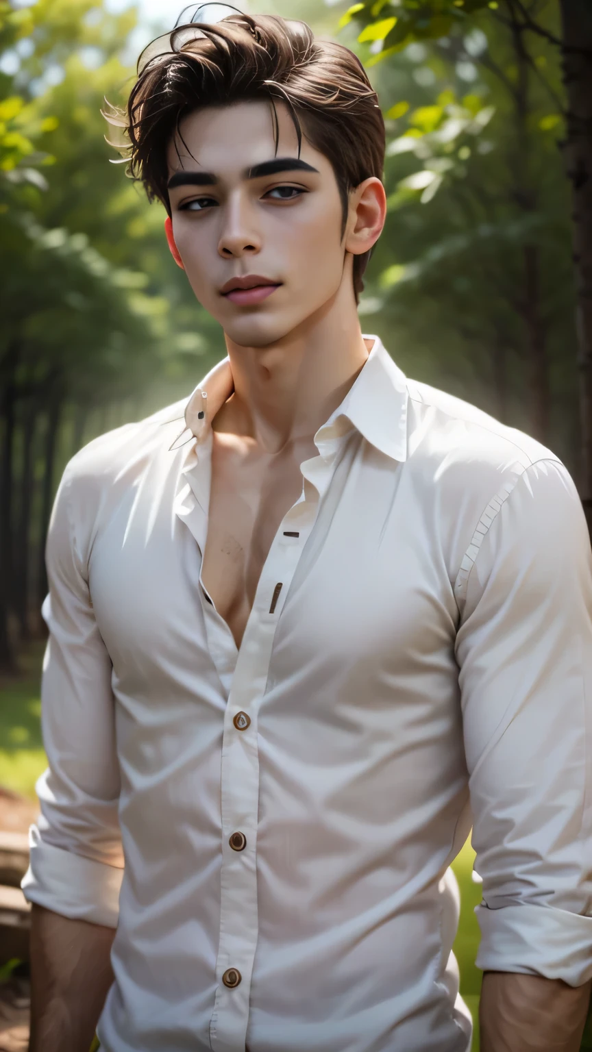 cara bonito de 22 anos, Ikemen, Bishoune, Rosto bonito,anime semi-realista,obra de arte, nu completamente, muscular, wearing white linen shirt standing in a forest, sorridente , fontes termais, suor, olhe para o visualizador, profundidade de campo, Bokeh, fundo detalhado, detailed lighting, brilho natural difuso da pele, olhos de simetria,