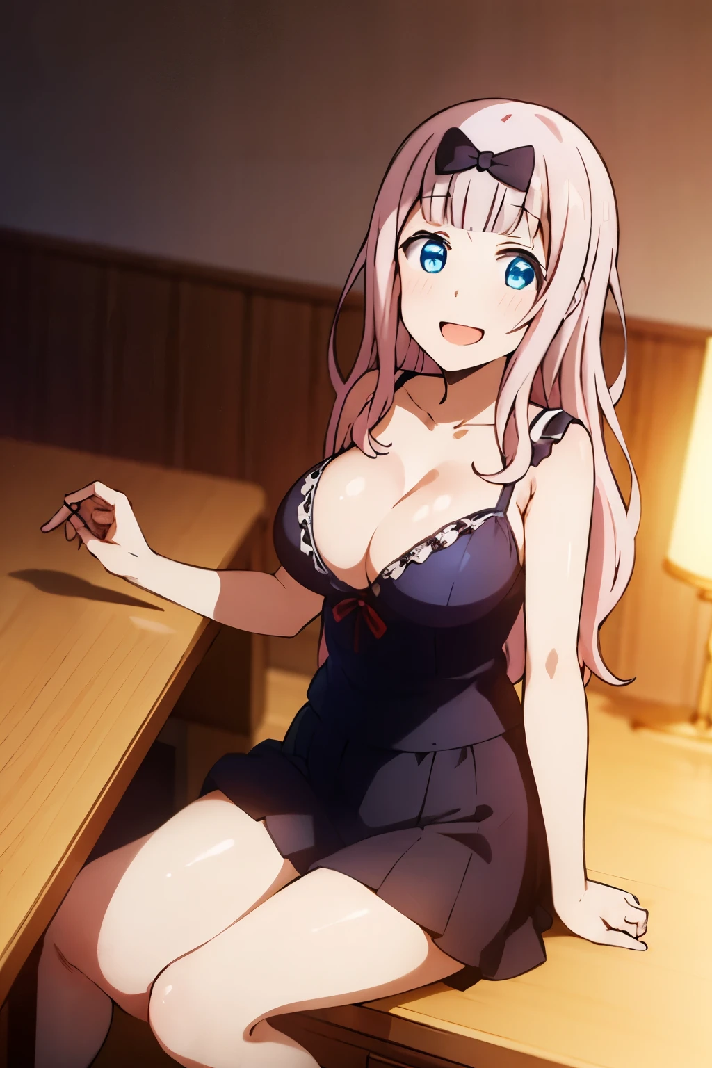 best quality, (masterpiece:1.2), detailed,
fujiwara chika (kaguya-sama),
1girl, solo, open mouth, smile,
pink hair, blue eyes, long hair, looking at the viewer, sitting, knees, feet, anime coloring, underwear, bikini
