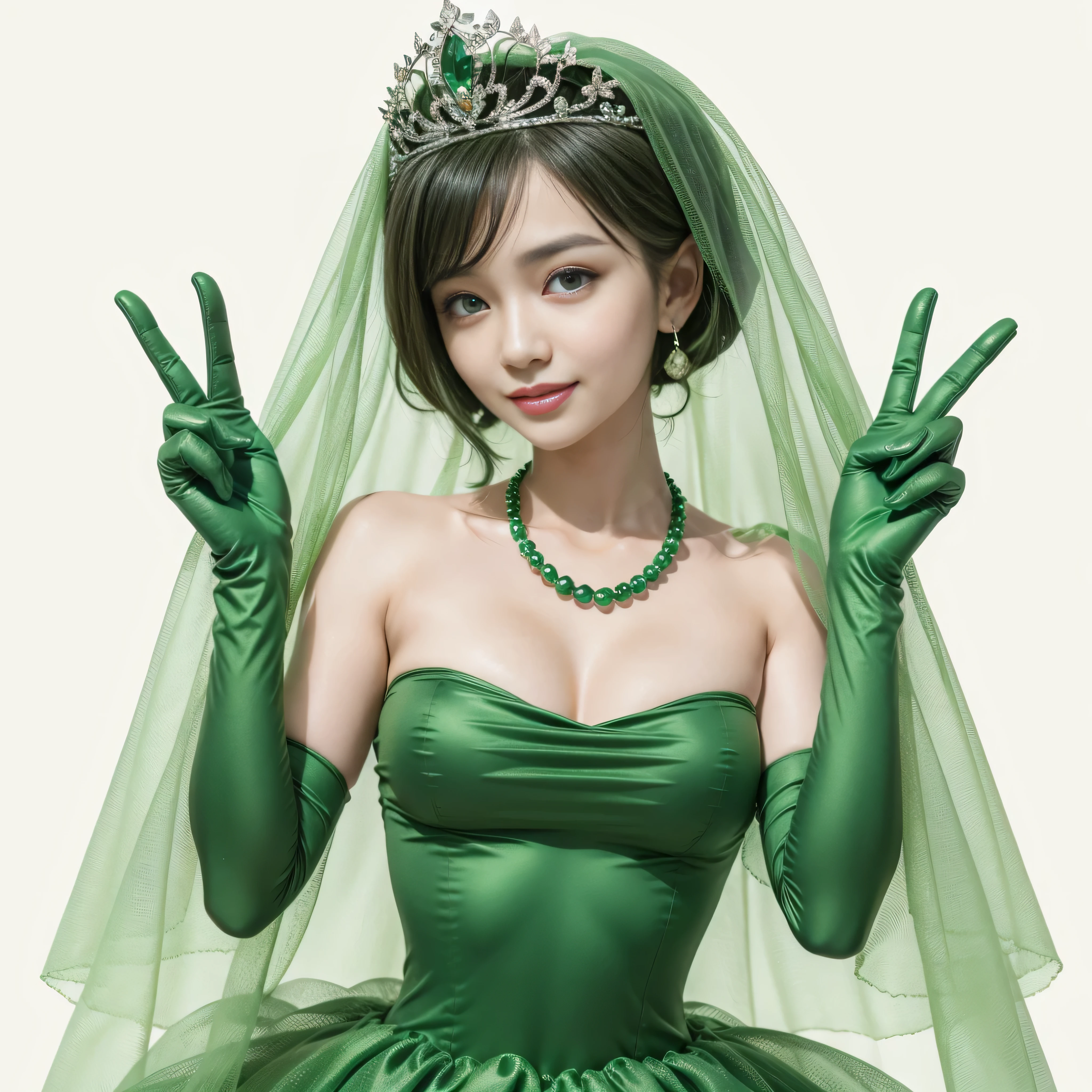 emerald tiara, green pearl necklace, boyish very short green hair, lipstick, smiling Japanese woman, very short hair, big breasts beautiful, green eyes, Long Green Satin Gloves, green eyes, V sign, emerald earrings, green veil, green lip gloss