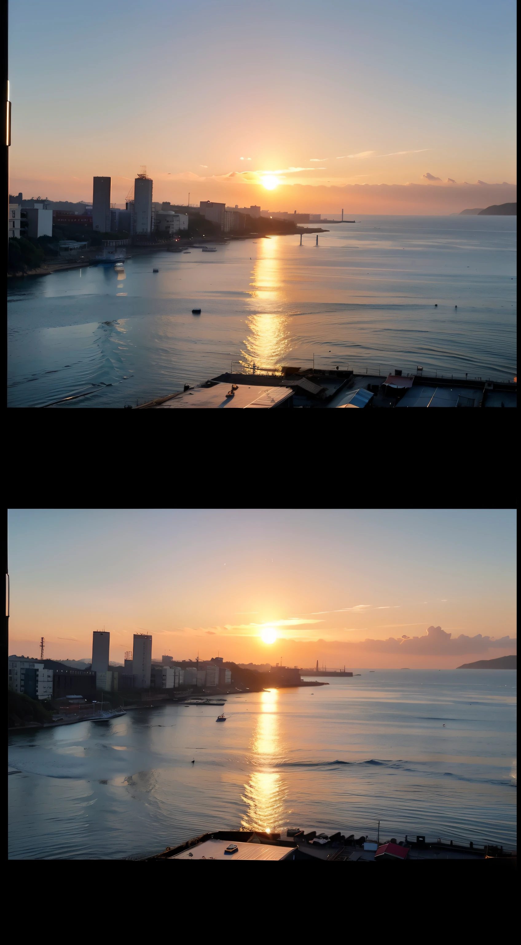 sunset over water, on the shore, Gongbi style, cultural exploration, webcam photography, Coast and harbor views, Western Zhou Dynasty, sun sets on ocean,Calm and introspective beauty, Chen Zhen style, Coast and harbor views, webcam photography, Nakaishi, industrial landscape, Calm and serene beauty