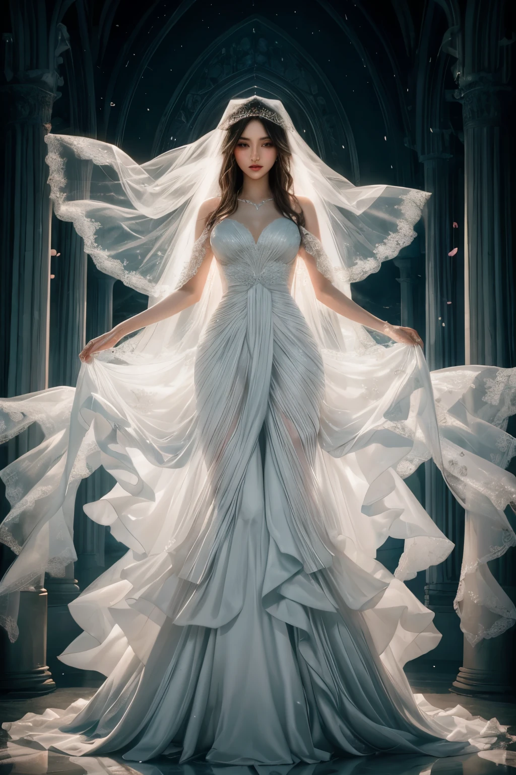 arafed image of a woman in a wedding dress with a veil, beautiful flowing fabric, draped in flowing fabric, endless flowing ethereal drapery, flowing fabric, long flowing fabric, flowing gown, jingna zhang, ethereal beauty, flowing white robes, white gown, wedding dress, flower goddess, a beautiful woman in white, draped in transparent cloth