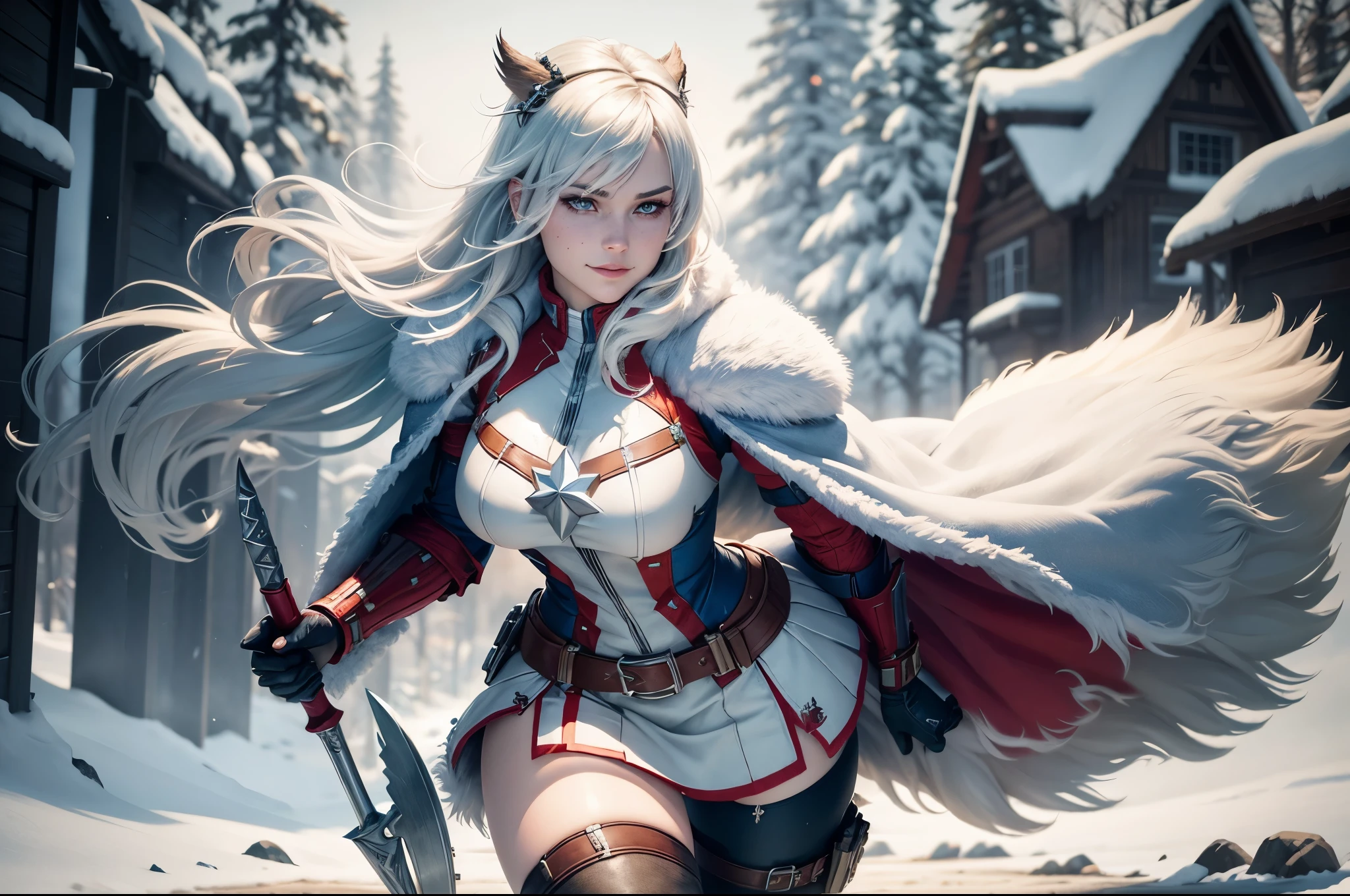 gwen tennyson,captain marvel,yorha 2b,1girl,overwatch,atelier ryza,close up,winter forest,viking village,rune tattoos,fur and white plugsuit,winter viking linen shirt,scarlet viking cape,fur viking armor,lycra mini skirt,long dress train,short viking hair,viking makeup,blue eyes,multicolored silver hair,fur gloves,sexy smile,freckles,beautiful girl,thigh high fur boots,large breasts,8k,ultra detailed,realistic,fantasy art,viking armor,hair pin,ear piercings,(weather:windy),solo girl,ready to fight,holding a spear,
