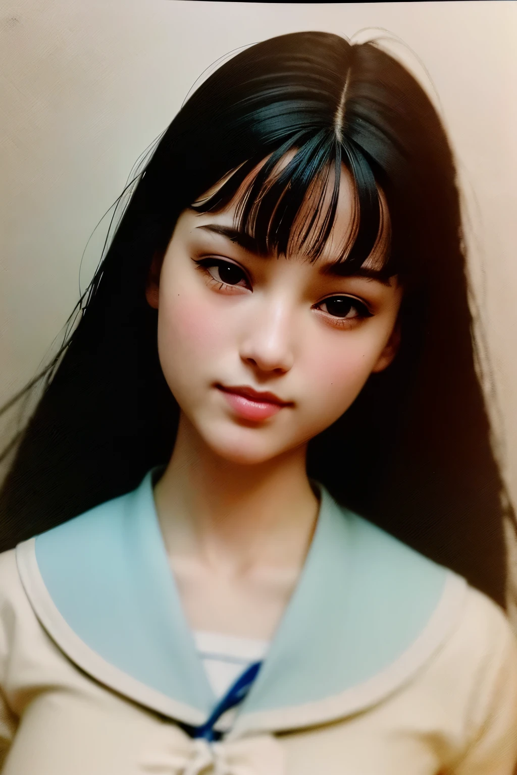 ((ultra quality)), ((masterpiece)), Tomie, Black & White Style, manga, ((black long hair)), (Beautiful face), (beautiful female lips), (), charming, ((sexy facial expression)), looks at the camera with a slight smile, (skin color white), (White skin), glare on the body, ((Detailed eyes)), ((Brown eyes)), (juicy female lips), (dark eyeliner), (beautiful female hands), ((ideal female figure)), ideal female body, beautiful waist, beautiful hips, medium breasts, ((subtle and beautiful)), A seductive stance (), (Dressed in Japanese school uniform, white and blue women&#39;s sailor suit, dark blue school skirt, long dark blue socks) background: The Japanese School, ((depth of field)), ((high quality clear image)), (clear details), ((high detail)), realistically, professional photo session, ((Clear Focus))