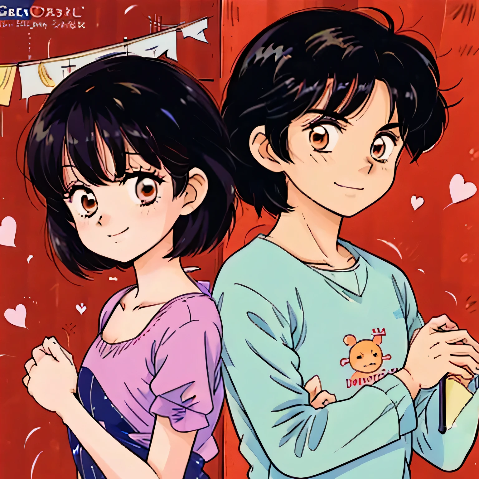 (Main subjects),1:1 size,Masterpiece,simple lines,The heart between a black-haired young man and a black-haired young couple.,(height,Masterpiece:1.2),Very detailed,Delicate lighting,They both smiled at each other., A red hearth between them, Banner text below 'will you?', close up , Boys and Girls