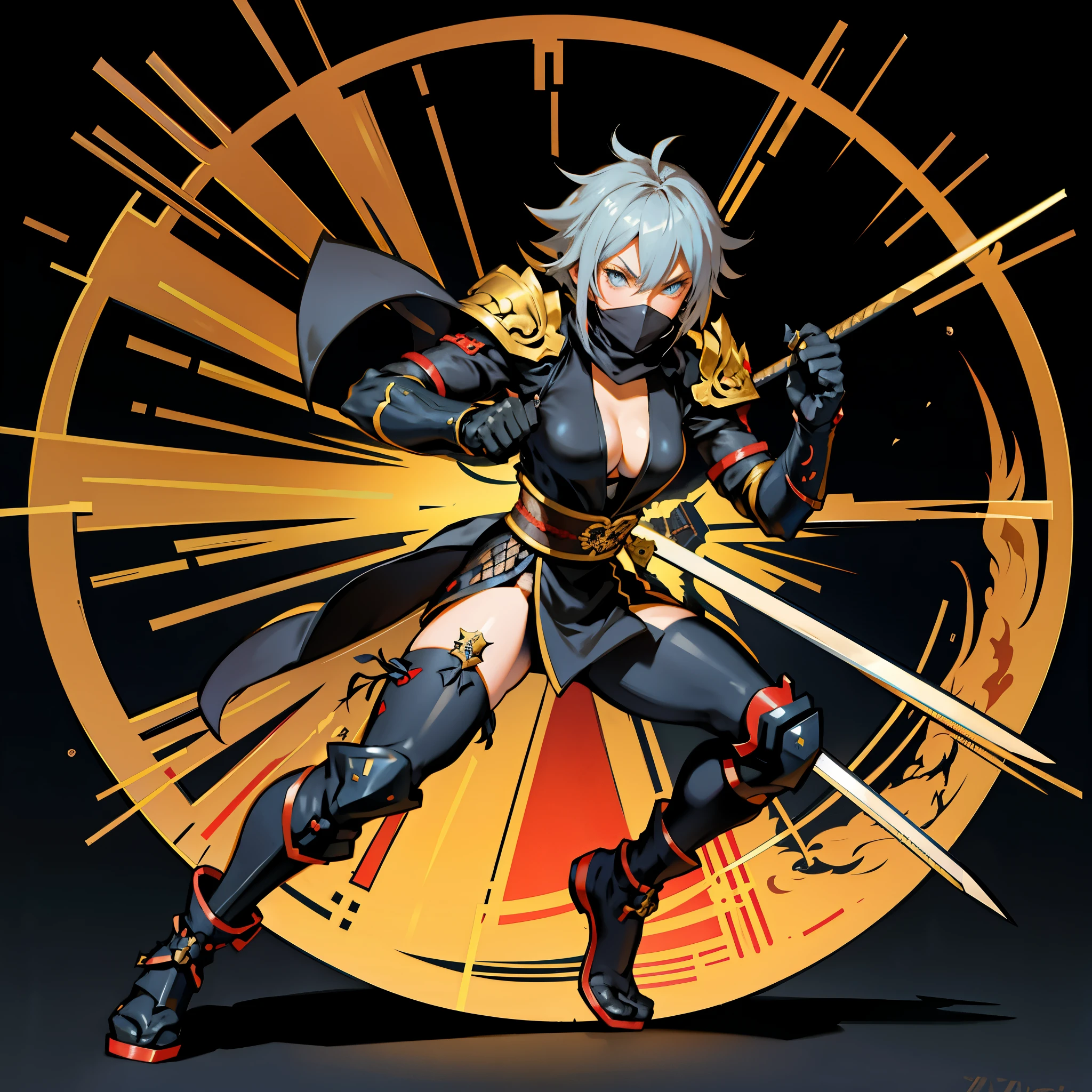 silver hair, blue eyes, personnage féminin d&#39;anime avec armure devant un fond circulaire, katana zéro video game character, pose badass, Ryuko Matoi, anime dur à cuire 8 k, Keqing de Genshin Impact, katana zéro, personnage de jeu de combat, Assassin féminin rouge, zhongli de genshin impact, mk ninja, déclencher le style artistique d&#39;anime, femme assassine, ninja mystique