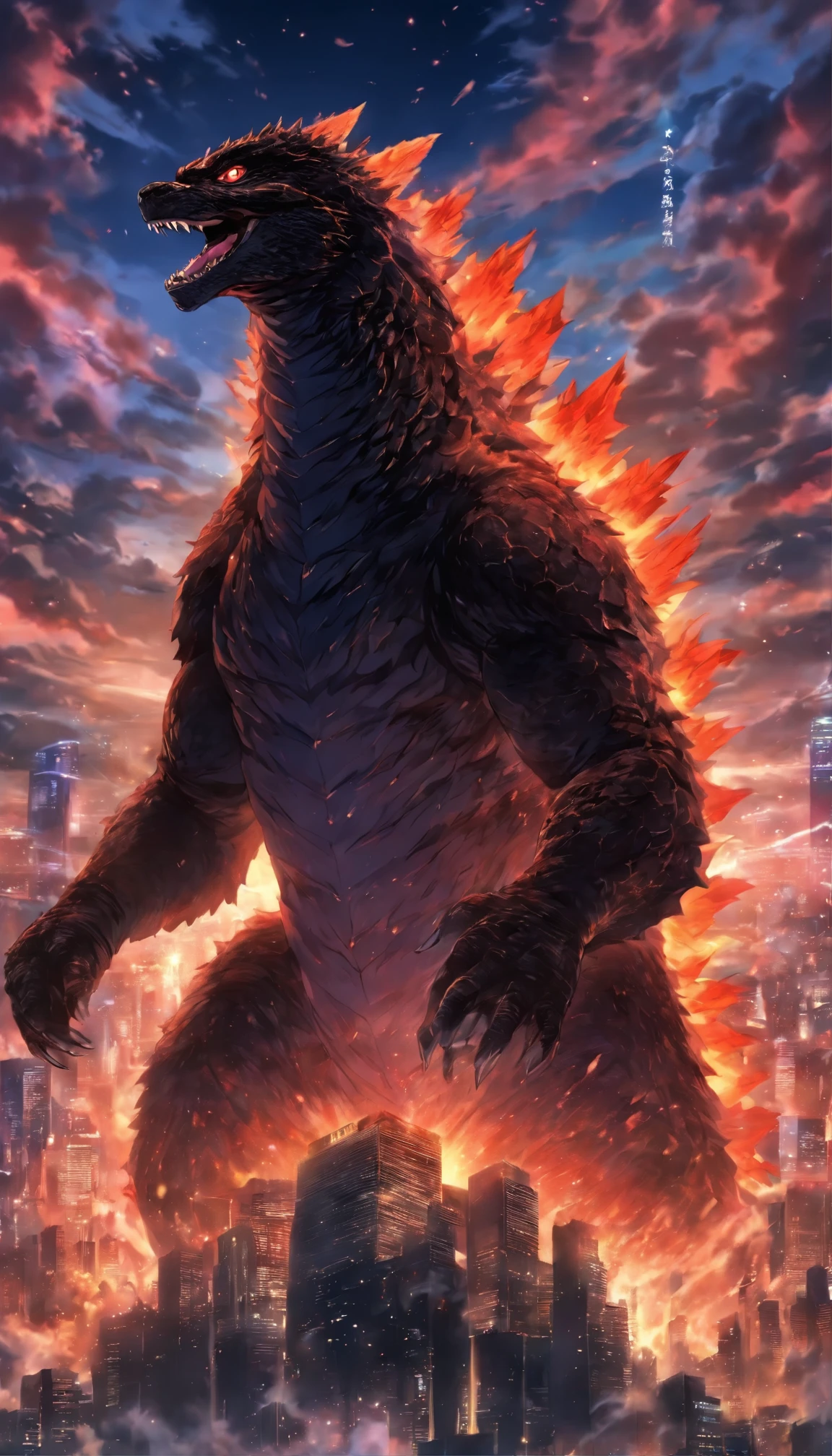 (Best quality,4K,High-res,Masterpiece:1.2),Extremely detailed, Gigantic, Godzilla, immensity, Ferocious creatures, Terrifying, dramatic background, Sharp scales, Vibrant colors, hot atmosphere, treasure,soaring through the sky,Overwhelming presence,Majestic wingspan,Sinister gaze,mythological creatures,mito