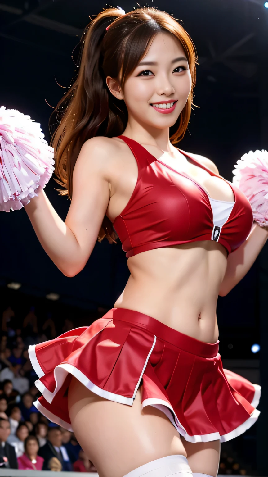((highest quality,High resolution,8k images、masterpiece:1.3)),Japan Female Face、20-year-old、smiling with mouth wide open、artistic figure woman、(big breasts:1,3)、Cheerleader、Cheerleader costume、cleavage、arena、Expose belly、mini skirt、dynamic movement、
