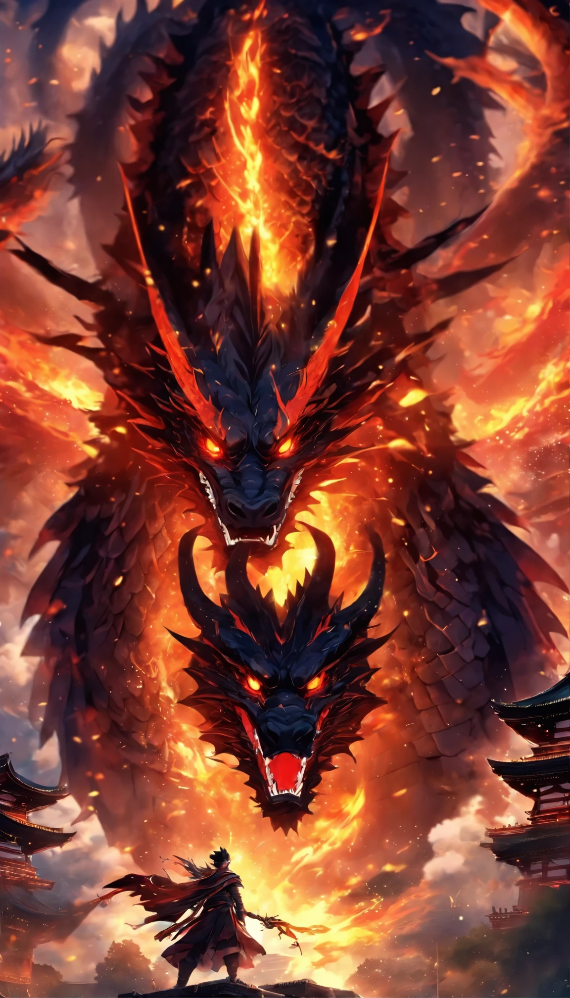 (Best quality,4K,High-res,Masterpiece:1.2),Extremely detailed,Gigantic,Western Dragon,Black Dragon,immensity,Ferocious creatures,Terrifying,dramatic background,Sharp scales,Vibrant colors,hot atmosphere,treasure,soaring through the sky,Overwhelming presence,Majestic wingspan,Sinister gaze,mythological creatures,mito
