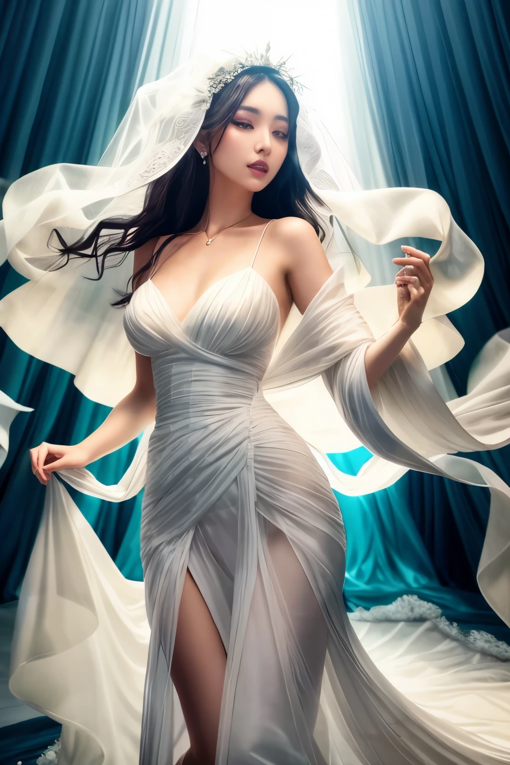 "melinoe". Not suitable for work.  Realistic photo. Photo from the full body. Melinoe. Terrifying ghost with feminine appearance. Beautiful European woman ghost. Gothic appearance. White skin. Big breasts. black eyes make-up. Black smoke over her body like a dress. Sad face... Behind her, white smoke with ghostly faces... ((masterpiece)).  Professional photography, ultra sharp focus.  Analogue RAW photography, 80mm f2.8 lens, best quality, ultra detailed, 64k, intricate details, minute details, detail rendering, realistic details.  Detailed hands, perfect eyes, detailed face.
