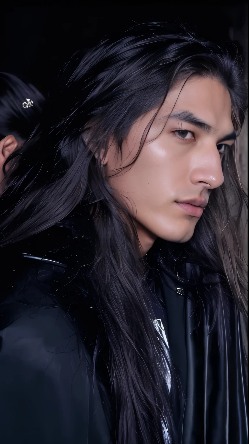 arafed man com longos cabelos pretos and a black cape, com seus longos cabelos negros, com cabelo comprido and piercing eyes, Davide Sorrenti placeholder image, com longos cabelos escuros, fechar 1 9 9 0, com longos cabelos pretos, Taehyung bts, young com cabelo comprido, V bts, jacob elordi, com cabelo comprido, coreano, rosto quadrado