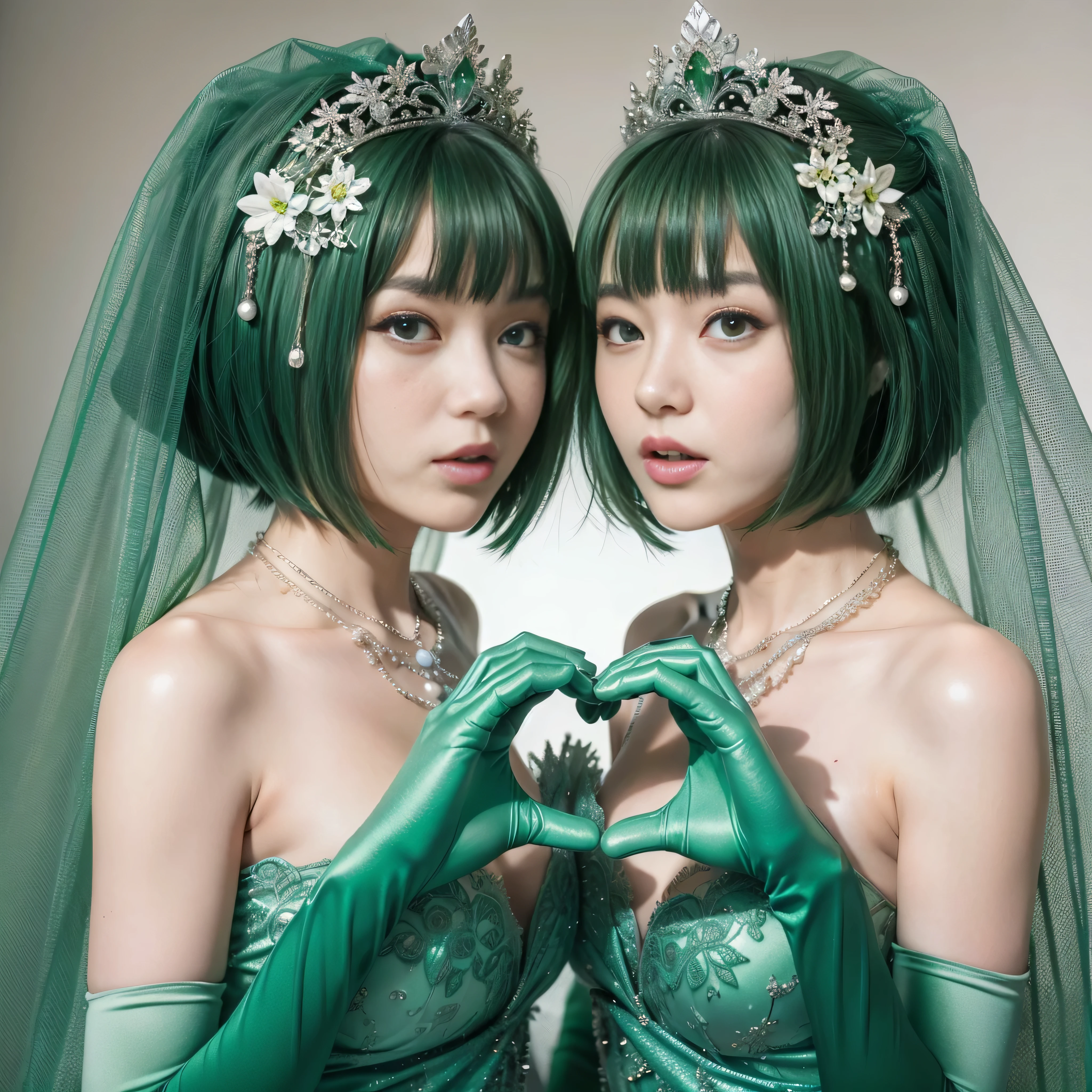 High resolution、Super detailed、(1 girl:1.3), 教会でkissをする二人の女性, Green Satin Long Gloves, Green Wedding Dresses, Green shorthair, lipstick, kiss, bride, green pearl necklace, ボーイッシュなGreen shorthair, lesbian、口から口にkiss, High quality film stills, Sexy lesbian couple make, Passionate, Green dress, Green Bridal Veil, green pearl necklace, heart with both hands, heart shaped hand, big breasts, green lip gloss