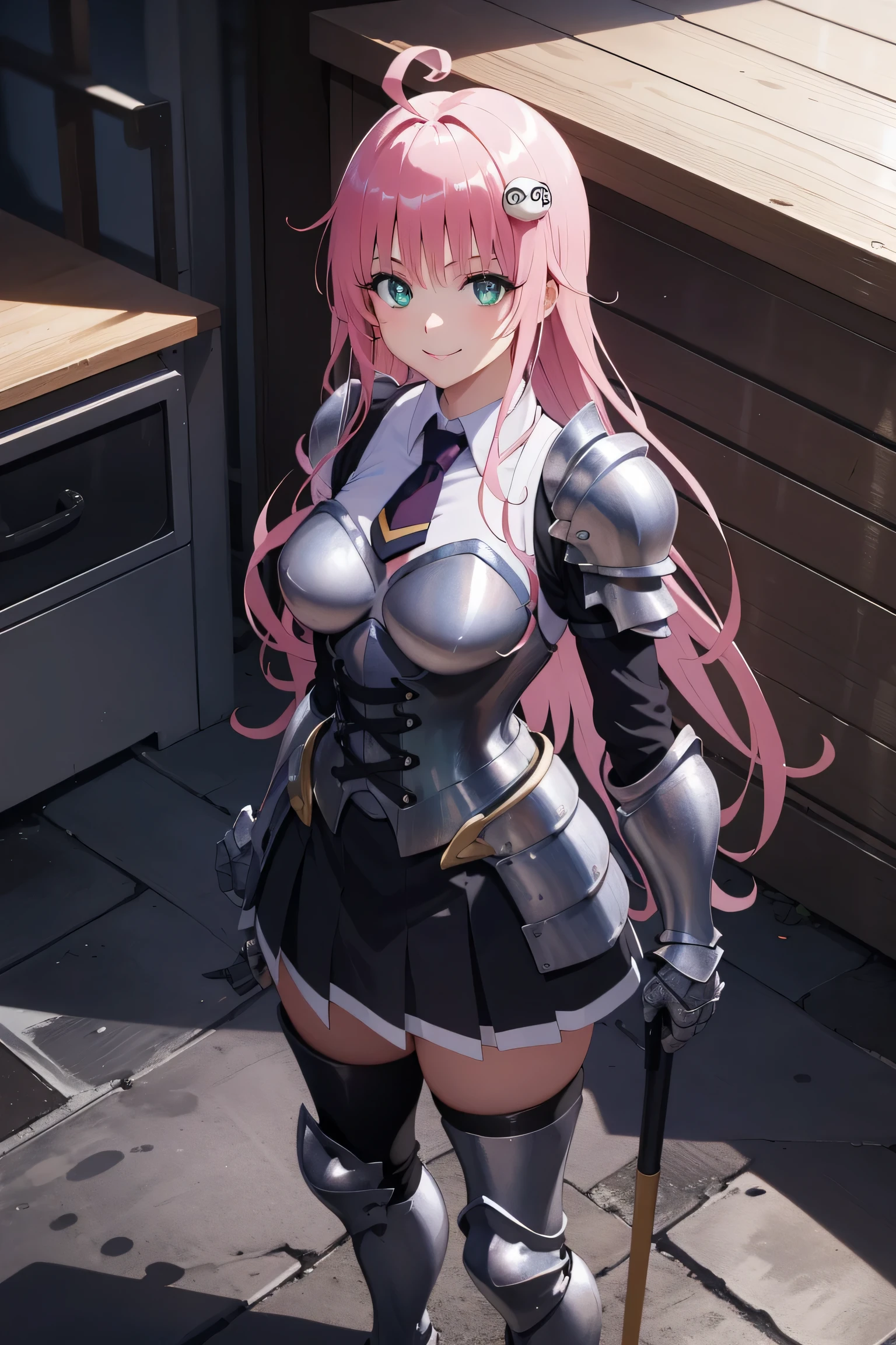 highres, aalala, long hair, ahoge, hair ornament, green eyes, breasts, 
BREAK (shirt,tie,corset,skirt,long sleeves,Armor,shoulder armor, armored dress, armored boots:1.2),
BREAK wide hips,narrow waist, standing, smile,
BREAK (masterpiece:1.2), best quality, high resolution, unity 8k wallpaper, (illustration:0.8), (beautiful detailed eyes:1.6), extremely detailed face, perfect lighting, extremely detailed CG, (perfect hands, perfect anatomy),perfect face,