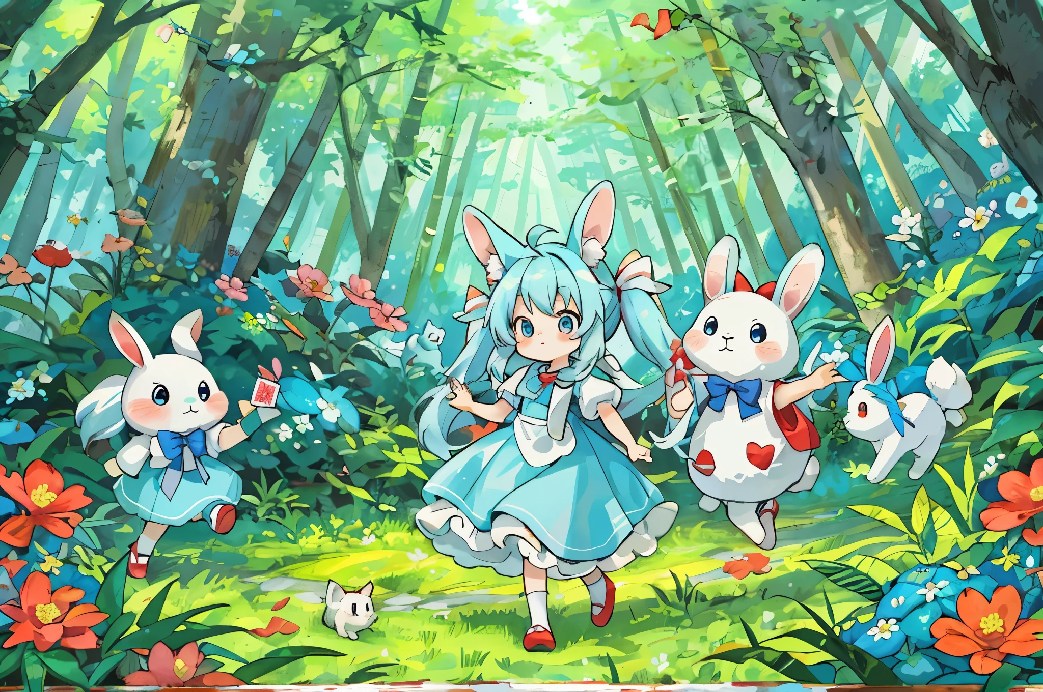 alice in wonderland light blue long hair Beautiful girl with twin tails red costume Long rabbit ears In the dense forest running Dynamic mode I have a cute house A cute white rabbit and a cat are together lots of beautiful flowers Forest Animals watching over alice A big playing card is standing。