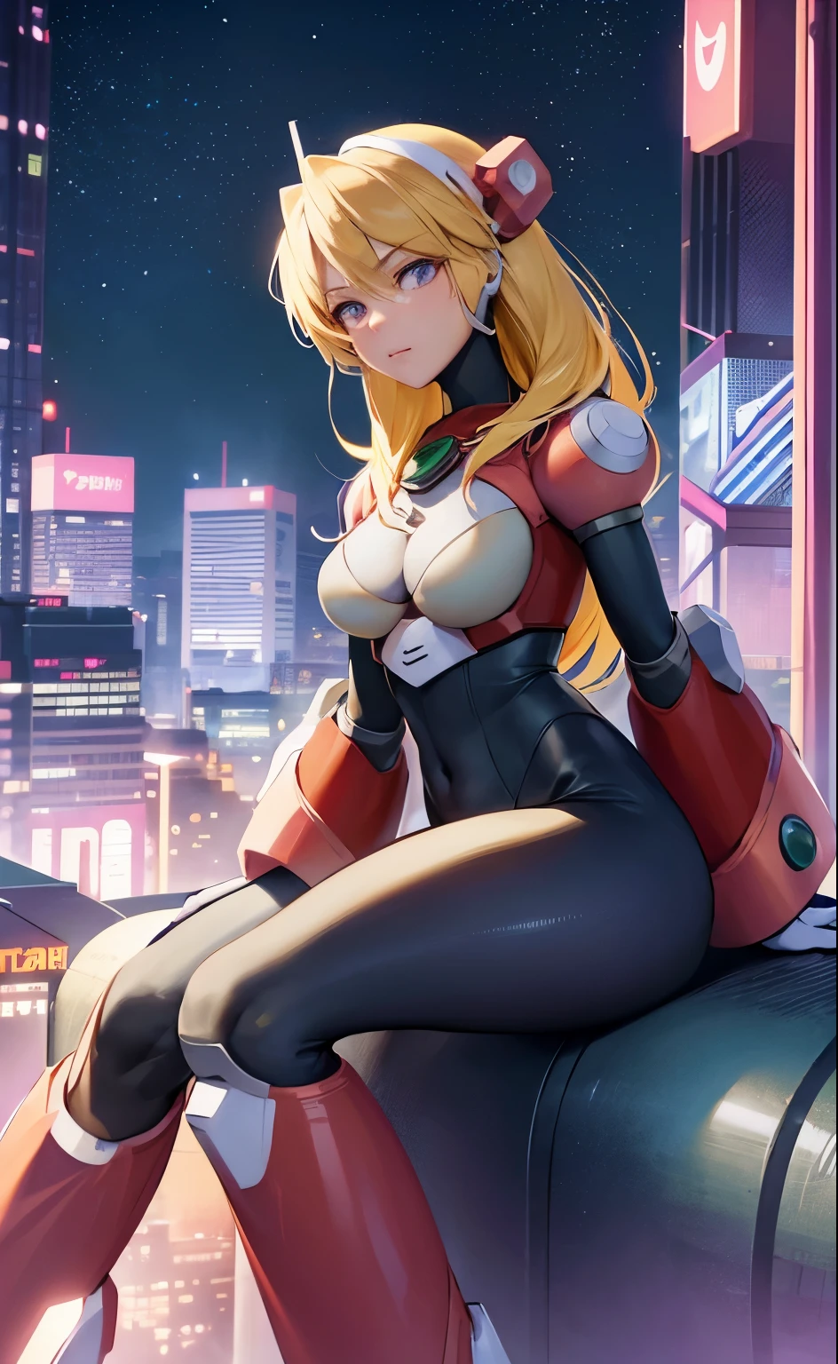 alia_megamanx sitting on the border of the top of a building Tokyo - bak cyberpunk city at the background, ssci - fi, fantasy, intricate, very very beautiful, elegant, neon light, highly detailed, digital painting, artstation, concept art, human anatomy, soft light, smooth, illustration, by tian zi and artgerm and greg rutkowski and alphonse mucha and loish and WLOP