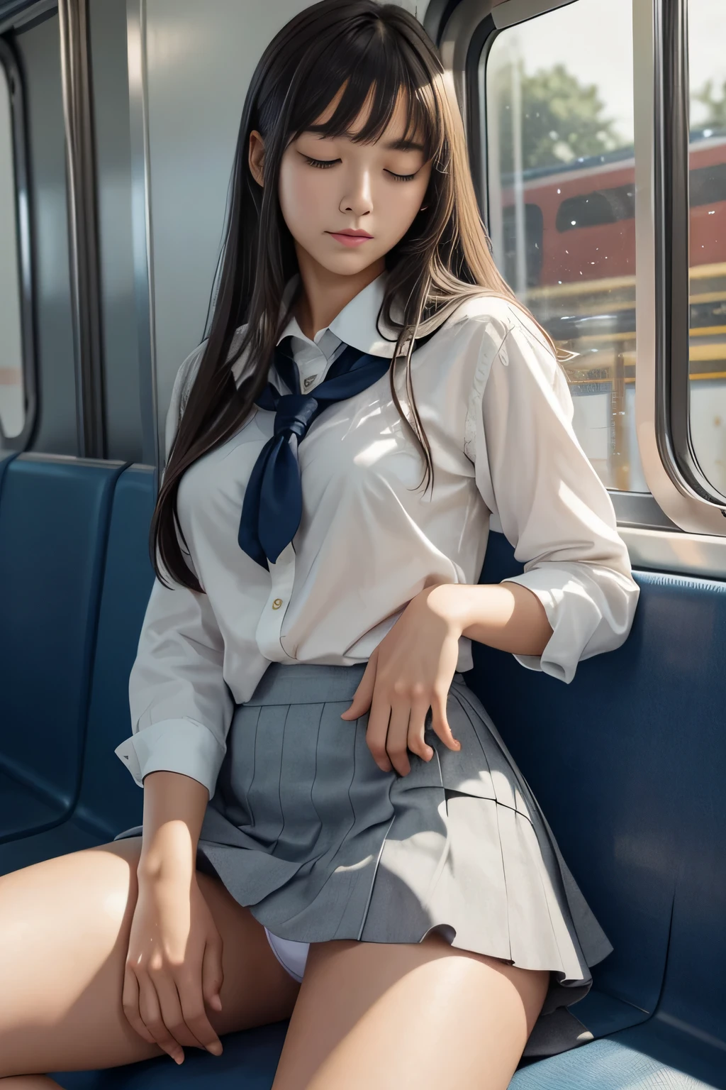 (realistic:1.3), face with shadow, written boundary depth, school uniform,
beautiful detailed illustration,great art,(((very detailed))),
1 girl sitting,bangs,high school girl,sleep,close your eyes,white panties,skirt,
cowboy shot,from before
,(((very detailed))),in the train, a young woman is sleep contentedly. Through the gap between her legs and skirt, I can see her panties. Because the car is shaking, Calm facial expressions and gentle breathing create a calm atmosphere..
,(((very detailed)))