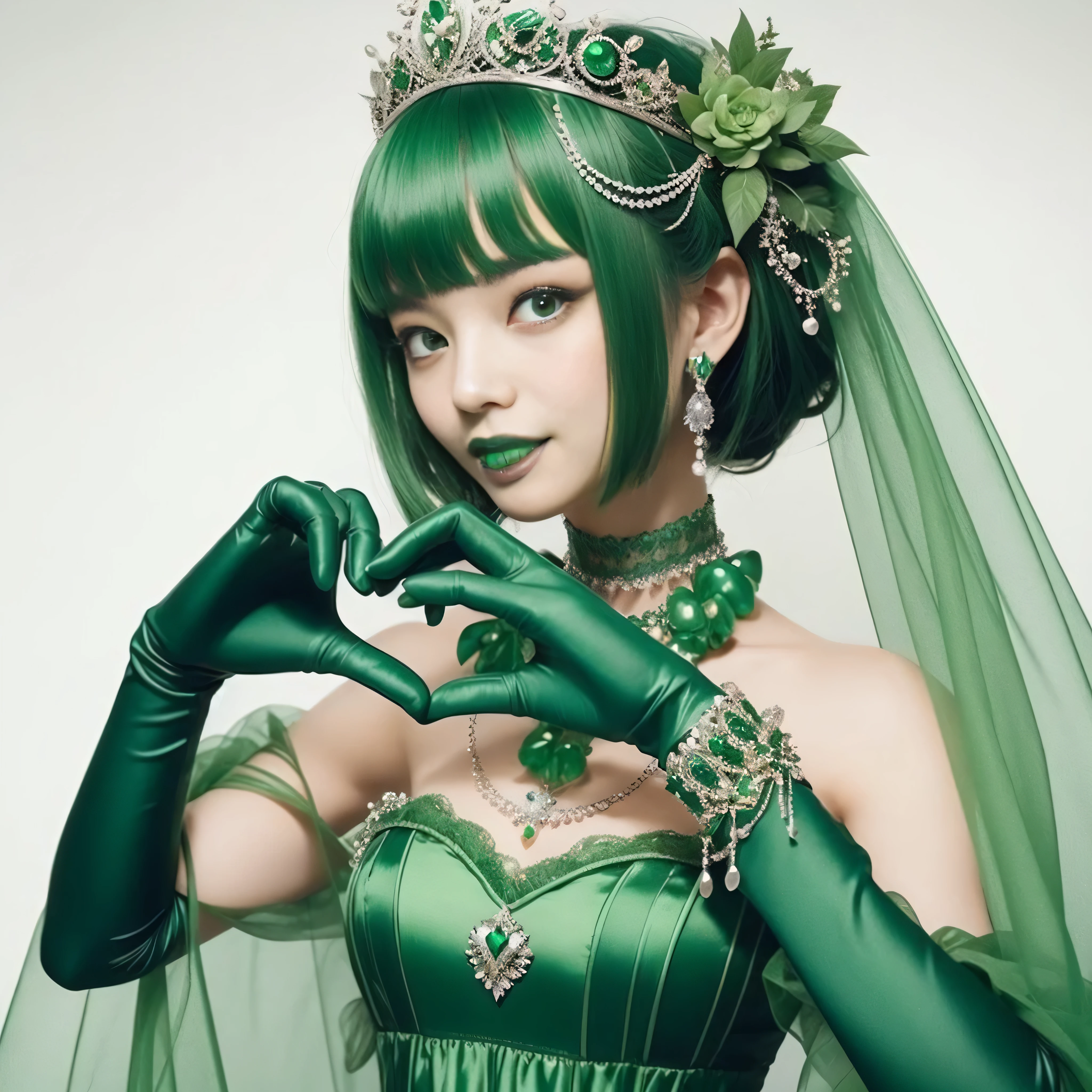 emerald tiara, green pearl necklace, ボーイッシュな非常に短いgreen hair, lipstick, smiling Japanese woman, very short hair, Beauty with large breasts, green eyes, Long Green Satin Gloves, green eyes, emerald earrings, green veil, heart with both hands, green hair, beautiful japanese woman, heart shaped hand:1.3, green lip gloss