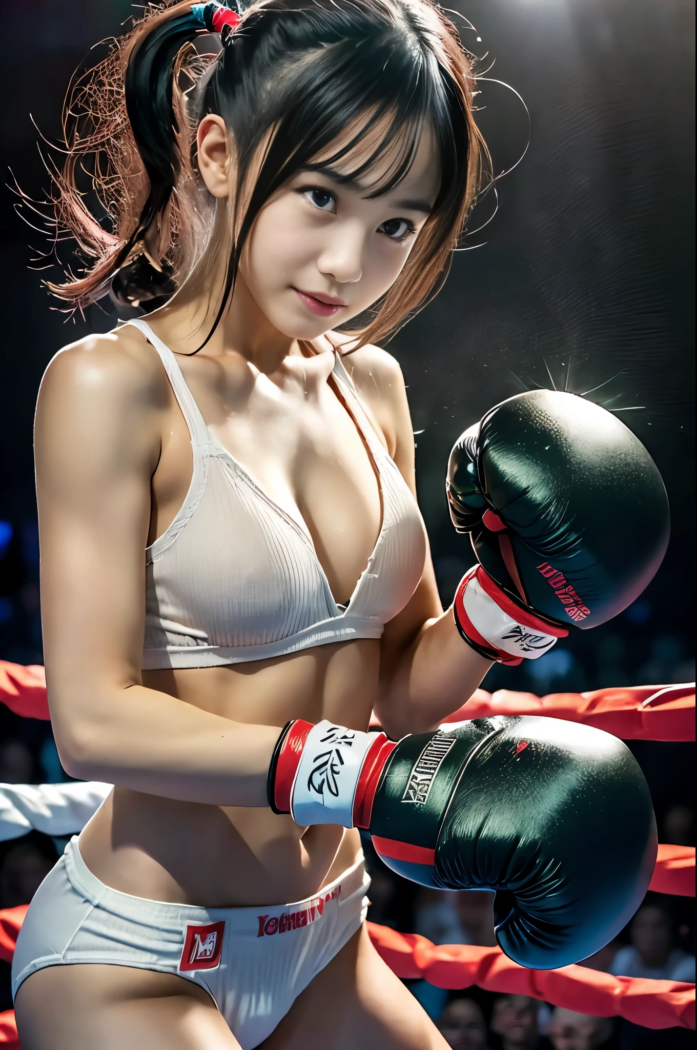 (RAW photo:1.2), (realistic), beautiful detailed girl, very detailed eyes and face, beautiful and detailed eyes, huge file size, High resolution, very detailed, highest quality, [table top:1.6], shape, very detailed, small details, highest quality, 8k wallpaper, movie lighting,15 year old , High school girl in the boxing club, boxing naked,  no top,nipples are visible,  boxing gloves, On the ring, standing position, ponytail, slender body, 小さいnipples are visible,You can see her white frilly panties, calm expression, slender body, young face, immature body, exposed nipples, boxing match