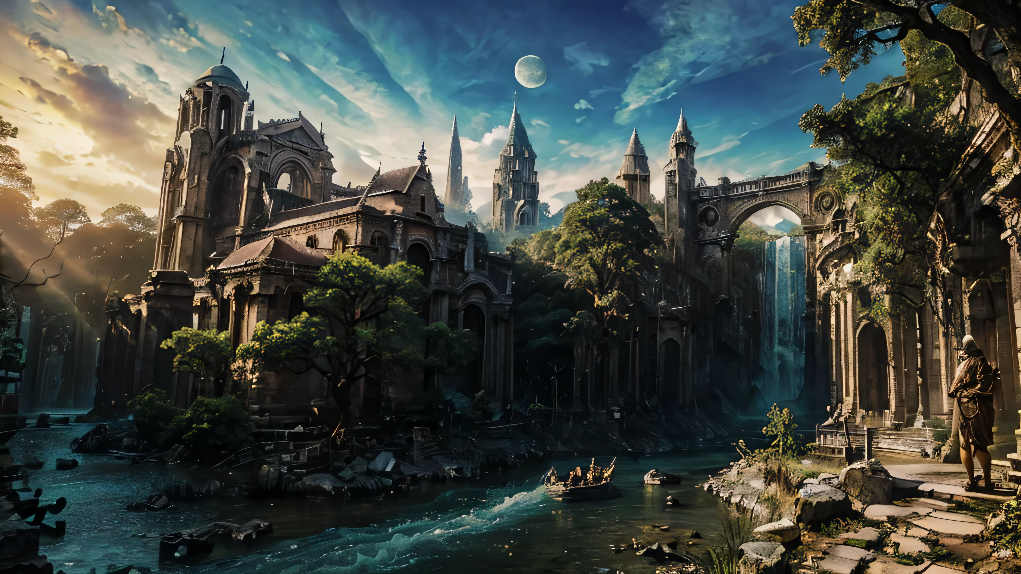 Bela paisagem exuberante, large buildings in ruins, huge ruined bridges, great castles in ruins, templos e colunas antigos e grandes, sky with dense clouds, sol, Lua, floresta com grande, colorful trees, cachoeiras, lindo rio com pedras, campo de profundidade, global illumination, hiper-realista, Efeito vidro quebrado, sem fundo, splendid, algo que nem existe, Being mythical, energia, molecular, Texturas, iridescente e luminescente, breathtaking beauty, pure perfection, Divine Presence, unforgettable, Impressionante, breathtaking beauty, volumetric light, auras, raios, cores vivas refletemlight, auras, raios, cores vivas refletem, aquarela, oil color, trends on artstation, sharp focus, studio photo, detalhes intrincados, altamente detalhado,, misterioso
