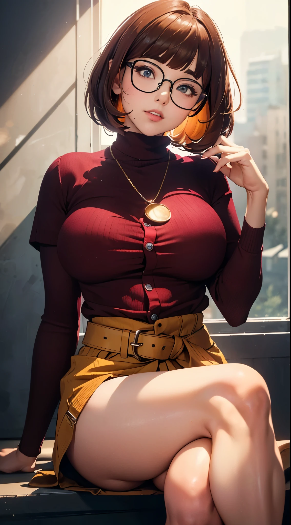 ((masterpiece, best quality, ultra-detailed, ultra-HD, photorealistic, cinematic)), (close-up camera shot, from below:1.2), (twerking, sensual pose), (alluring and voluptuous female as Velma Dinkley:1.2), perfect anatomy, perfect face, proportioned hands, (deep shade of auburn with a slight natural wave hair color, chin-length bob with blunt bangs hairstyle:1.3), (retro-chic style outfit, knee-length and maroon turtleneck dress), (a matching maroon belt that cinches at her waist:1.2), (thick-framed black square glasses), (wears knee-high, mustard-yellow socks that peek out just above her brown, sensible lace-up shoes), (sports a delicate, gold pendant necklace with a small magnifying glass charm), (vibrant orange cardigan slung over her shoulders), ((dynamic background))