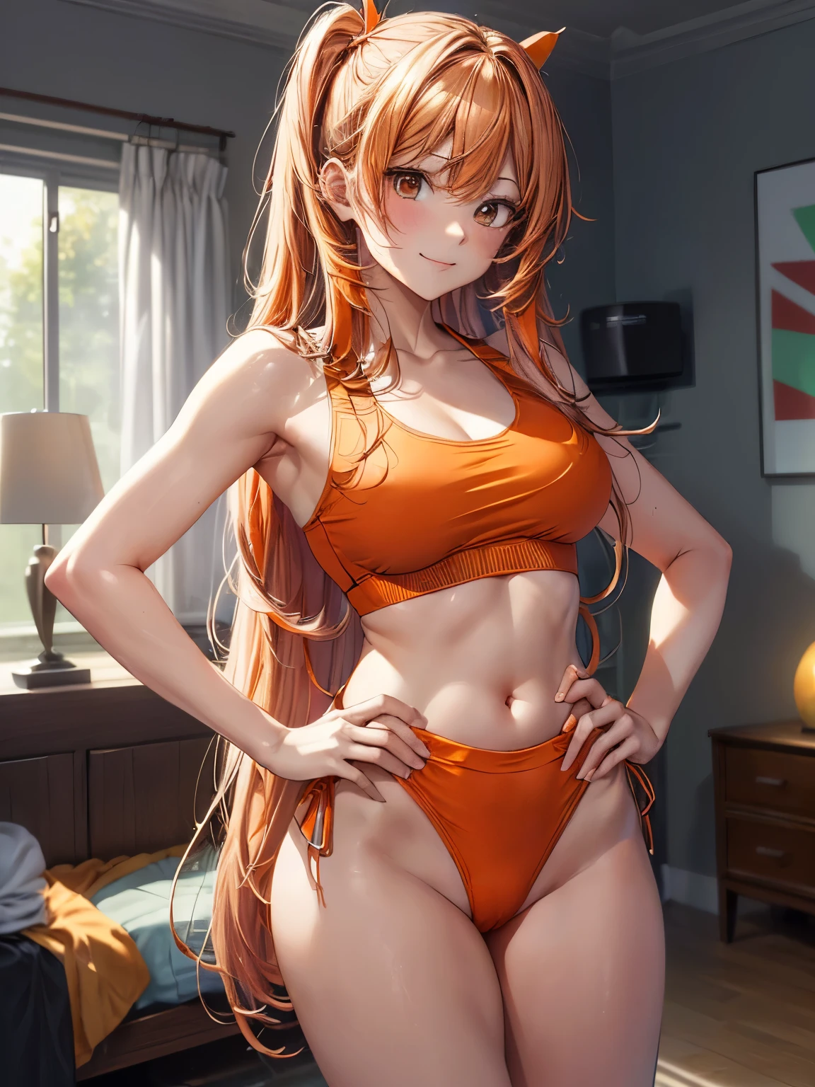 highest quality、All limbs、full finger、((one beautiful woman))、Beautiful busty woman、(((Twin-tailed female:1.3)))、long hair、((orange hair woman)))、big smile、(((orange sports bra:1.3)))、(((Orange high-leg leotard panties that cover your stomach:1.3)))、Living room at home、hands on hips