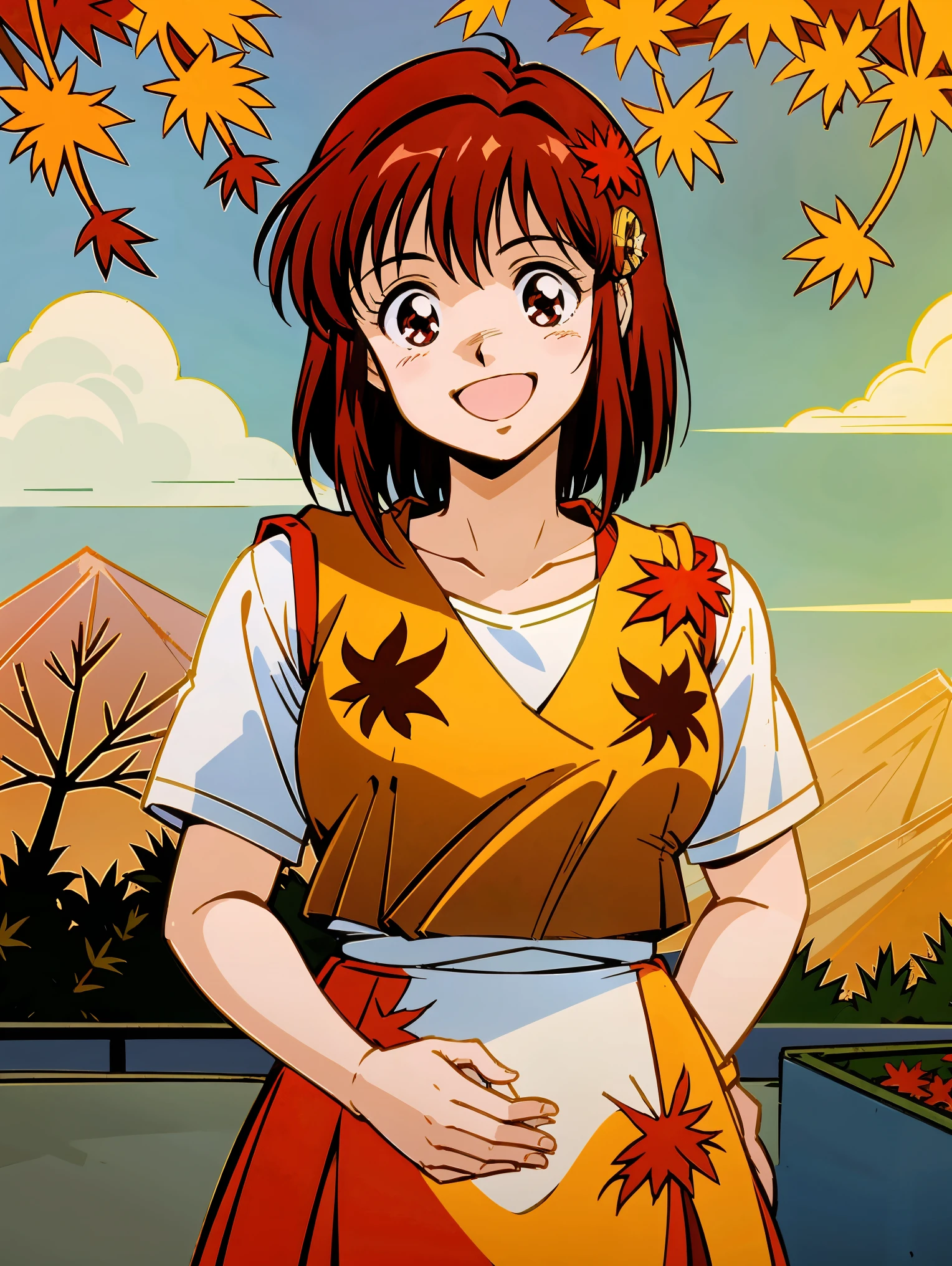 table top,highest quality,alone, looking at the viewer,smile,open your mouth, Noriko Takaya,1 girl, medium hair,brown hair,Asahi(Mountain scenery))(Kyoto, Japan(autumn leaves:1.5)),break ,elaborate costumes(mini skirt(colorful school uniform(sailor suit)))),Good growth,A little chubby system,highest quality,alone, Mikimoto style illustration,smile,Stupid woman,Missing,open your mouth, look at me,happiness,Good feeling,Noriko Takaya,1 girl, medium hair,brown hair,brown eyes