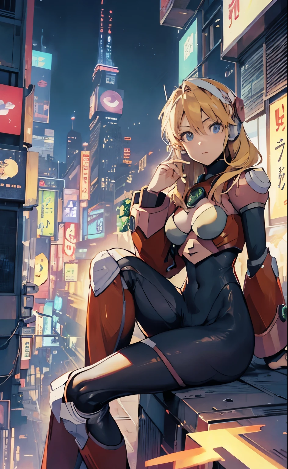 alia_megamanx sitting on the border of the top of a building Tokyo - bak cyberpunk city at the background, ssci - fi, fantasy, intricate, very very beautiful, elegant, neon light, highly detailed, digital painting, artstation, concept art, human anatomy, soft light, smooth, illustration, by tian zi and artgerm and greg rutkowski and alphonse mucha and loish and WLOP