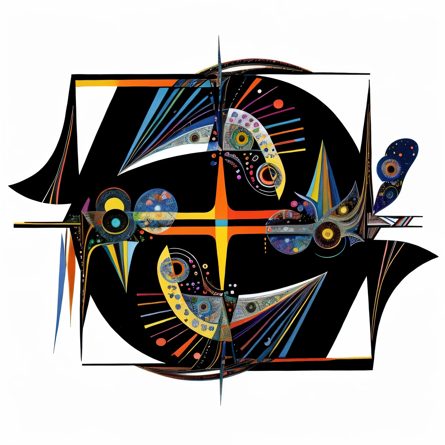 a close up of a painting of a bird with a star in the background, fred tomaselli, intricate automatism, inspired by Wassily Kandinsky, coherent symmetrical artwork, the nonlinear. digital painting, kandinsky style, abstract fractal automaton, digital art - n 9, spiritual abstract forms, digital art - n 5, abstract illustration