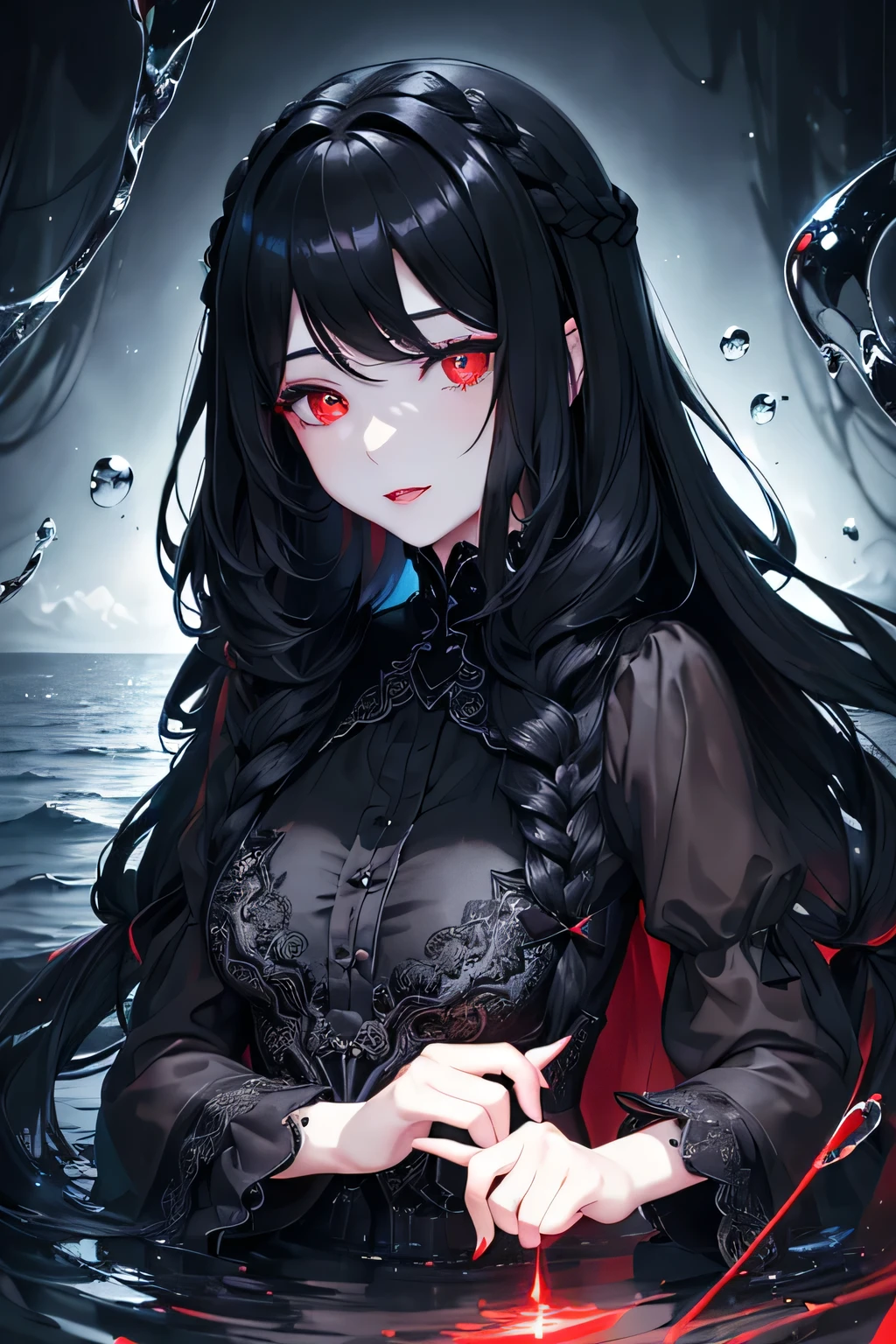 1 girl,Depp's Sense,confused,catch light,Super beautiful illustration,(water magic),((black color,long hairstyles:1.3)),dark dark eyeshadow,bright red lipstick,Gothic ta,;d,beautiful and delicate hair,(((delicate and detailed red eyes))),light blue light effect,light blue aura