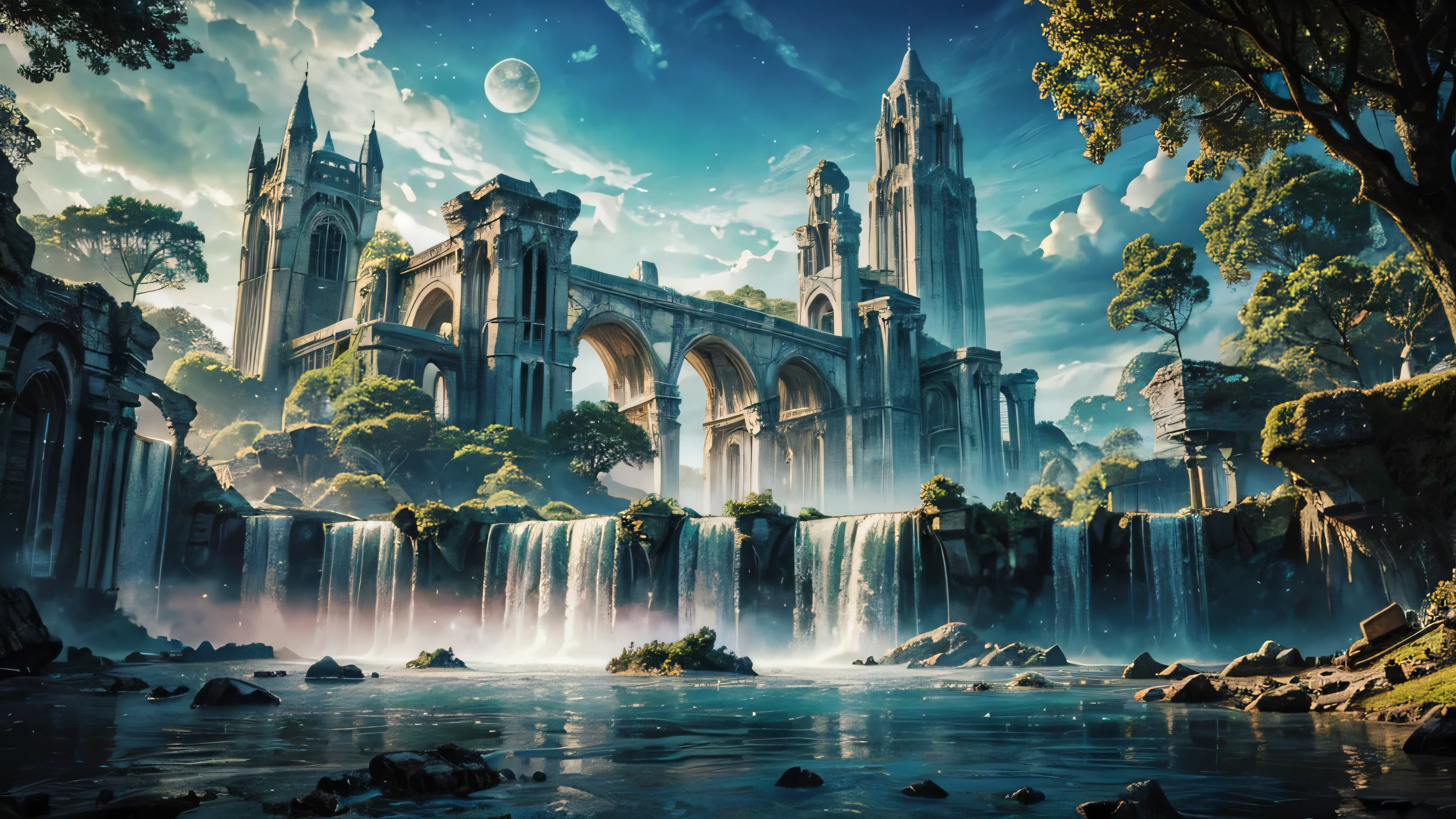 Bela paisagem exuberante, large buildings in ruins, huge ruined bridges, great castles in ruins, templos e colunas antigos e grandes, sky with dense clouds, sol, Lua, floresta com grande, colorful trees, cachoeiras, lindo rio com pedras, campo de profundidade, global illumination, hiper-realista, Efeito vidro quebrado, sem fundo, splendid, algo que nem existe, Being mythical, energia, molecular, Texturas, iridescente e luminescente, breathtaking beauty, pure perfection, Divine Presence, unforgettable, Impressionante, breathtaking beauty, volumetric light, auras, raios, cores vivas refletemlight, auras, raios, cores vivas refletem, aquarela, oil color, trends on artstation, sharp focus, studio photo, detalhes intrincados, altamente detalhado,, misterioso