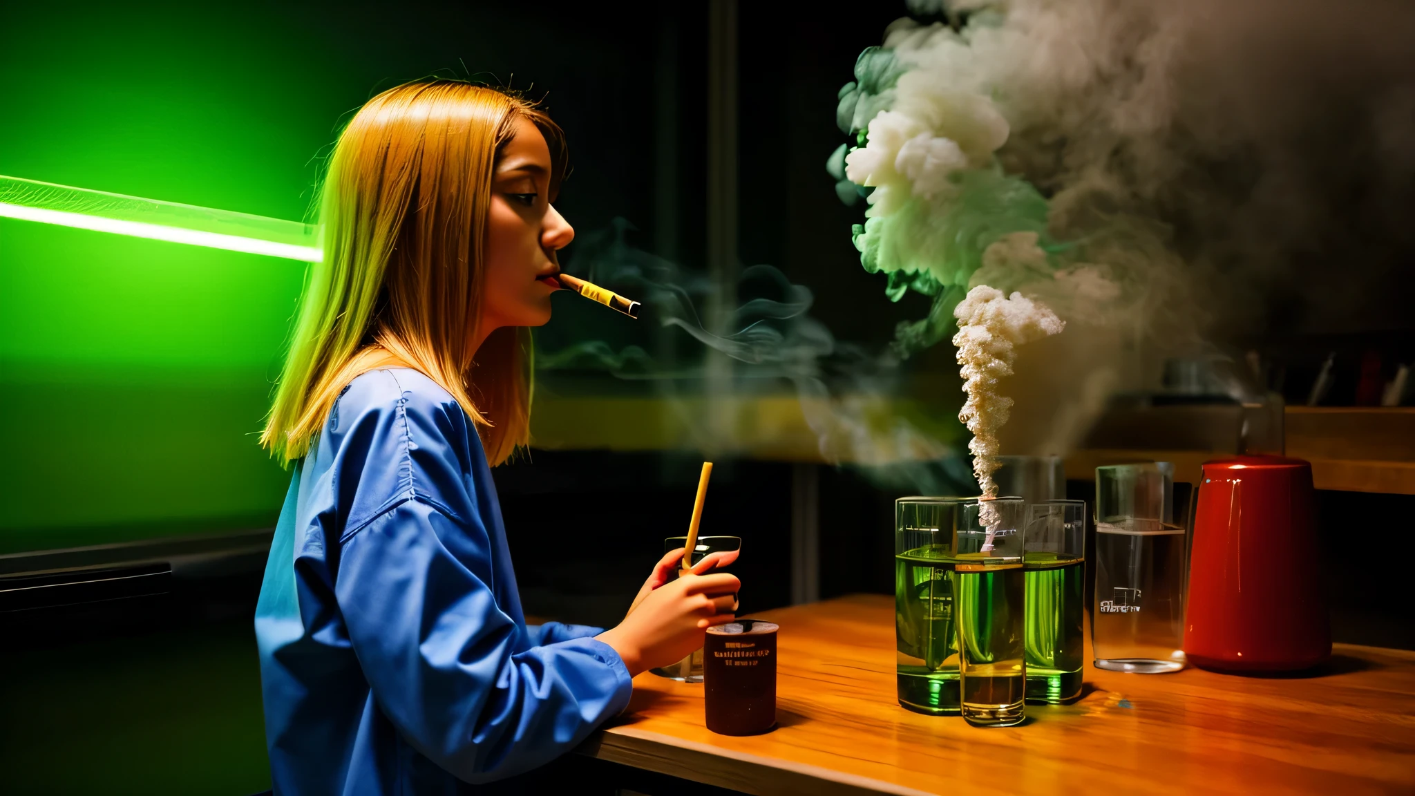 KIDS GIRL BLONDE in lab table, scifi religious, AND SMOKE GREEN.