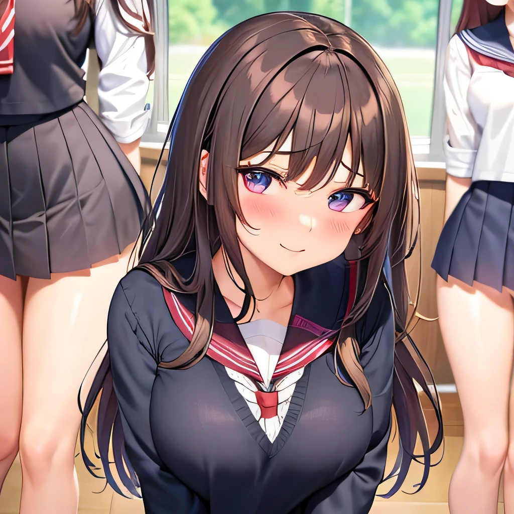 perfect face, detailed face, beautiful hair, three girls, 16yo, medium sized breasts, firm chest, very cute face, young face, female idol, nude, school uniform, seifuku, Perfect Hip, round hips, (Exposing the pubic area:1.2), smile shyly, (blush:1.2), stare at the viewer with a seductive gaze, (in crowded classroom:1.2),