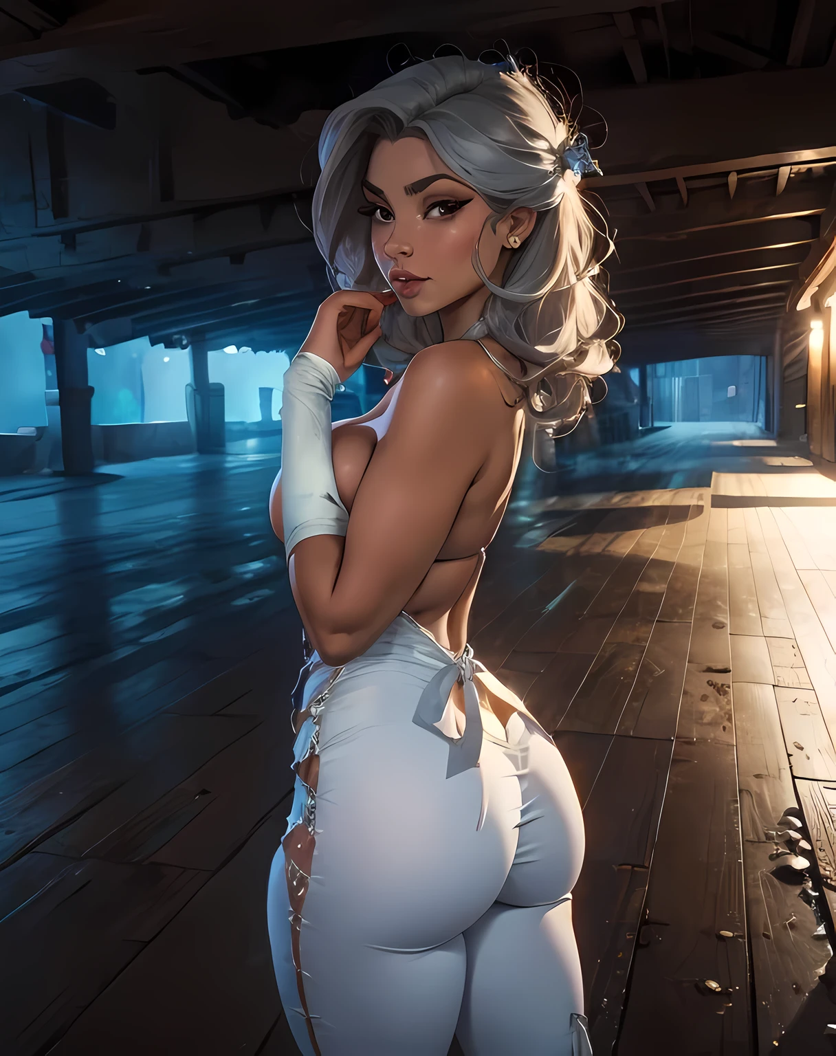 [(sensual and alluring, seductive atmosphere:1.3) ::5], (masterwork:1.4), BREAK (voluptuous winter temptress:1.2), (1female, alluring), (shot from above:1.4), (plumb , thick thighs), thin waist), (skindentation:1.4), (showing cle(breast squeogether:1.4), [fair complexion: snow white skin: 0.80], [long silver hair: platinum blonde hair: 0.75], sultry gaze, [white fur costume: Arctic lingerie: 0.85], icy backdrop, (frozen wasteland:0.9)