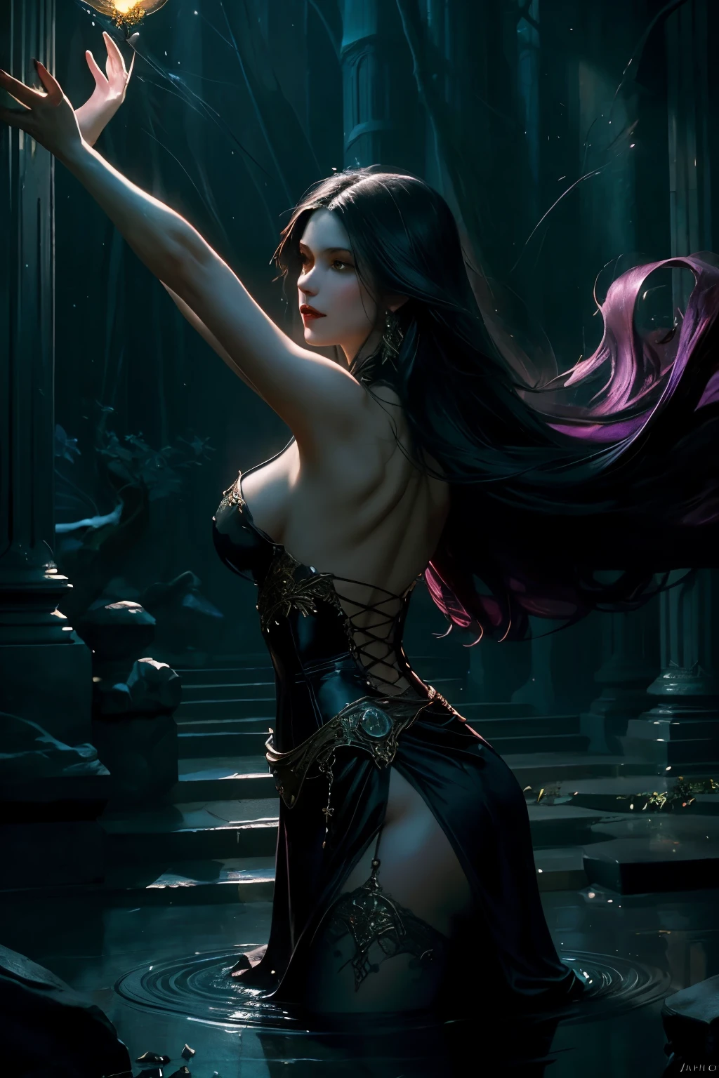 Beautiful painting of a perfect female vampire in an ethereal setting, slender figure exuding elegance, large breasts accentuated by an extremely baroque vampire corset, slender waist and shapeless, flowing long hair cascading down, perfect features emphasized by intricate details and stunningly sharp focus, (striking a dynamic pose with arms outstretched and fangs bared), abstract beauty blending near perfection and pure form, enchanting background bathed in deep dark shadows, (illuminated by strong cinematic lighting and back lighting), concept art by Greg Rutkowski, John William Waterhouse, and Alphonse Mucha, 8k post-production show