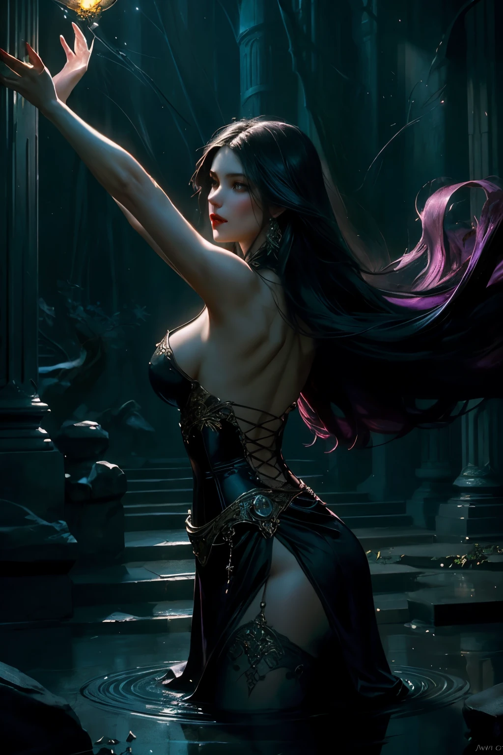 Beautiful painting of a perfect female vampire in an ethereal setting, slender figure exuding elegance, large breasts accentuated by an extremely baroque vampire corset, slender waist and shapeless, flowing long hair cascading down, perfect features emphasized by intricate details and stunningly sharp focus, (striking a dynamic pose with arms outstretched and fangs bared), abstract beauty blending near perfection and pure form, enchanting background bathed in deep dark shadows, (illuminated by strong cinematic lighting and back lighting), concept art by Greg Rutkowski, John William Waterhouse, and Alphonse Mucha, 8k post-production show