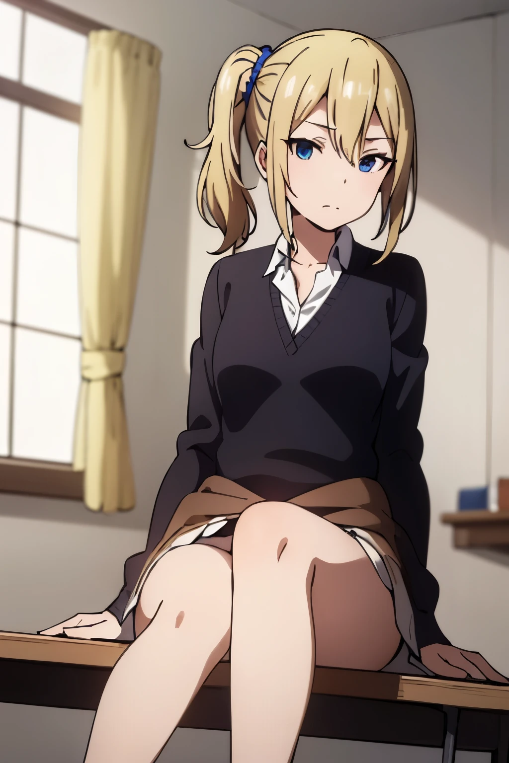 best quality, (masterpiece:1.2), detailed,
1girl, solo, expresionless, closed mouth,
blonde hair, blue eyes, side ponytail, scrunchie,
school uniform, cardigan around waist, looking at the viewer, sitting, knees together feet apart, anime coloring, underwear, 
classroom, window