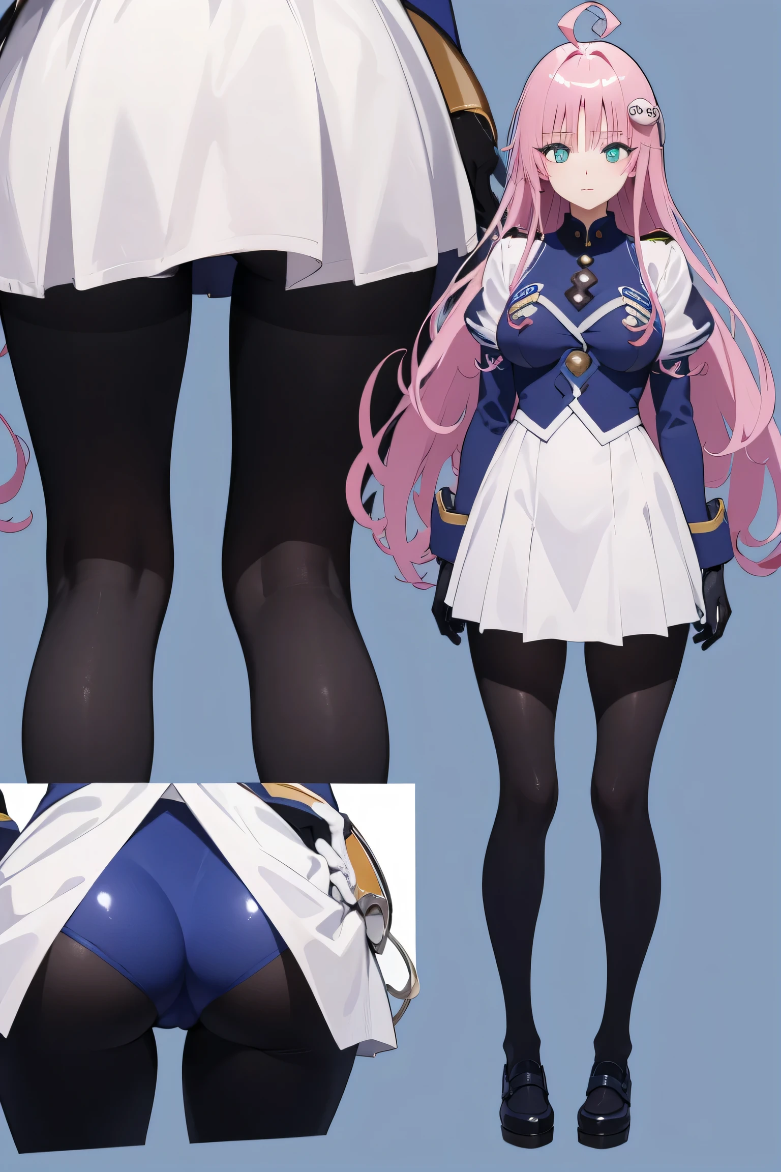 highres, aalala, long hair, ahoge, hair ornament, green eyes, breasts,
BREAK (gloves, pantyhose, uniform, long sleeves, white uniform, blue uniform:1.2),
BREAK (multiple views:1.5),from behind,from_front,(blue background:1.3),(full body:1.4),arms at sides
BREAK (masterpiece:1.2), best quality, high resolution, unity 8k wallpaper, (illustration:0.8), (beautiful detailed eyes:1.6), extremely detailed face, perfect lighting, extremely detailed CG, (perfect hands, perfect anatomy),perfect face,