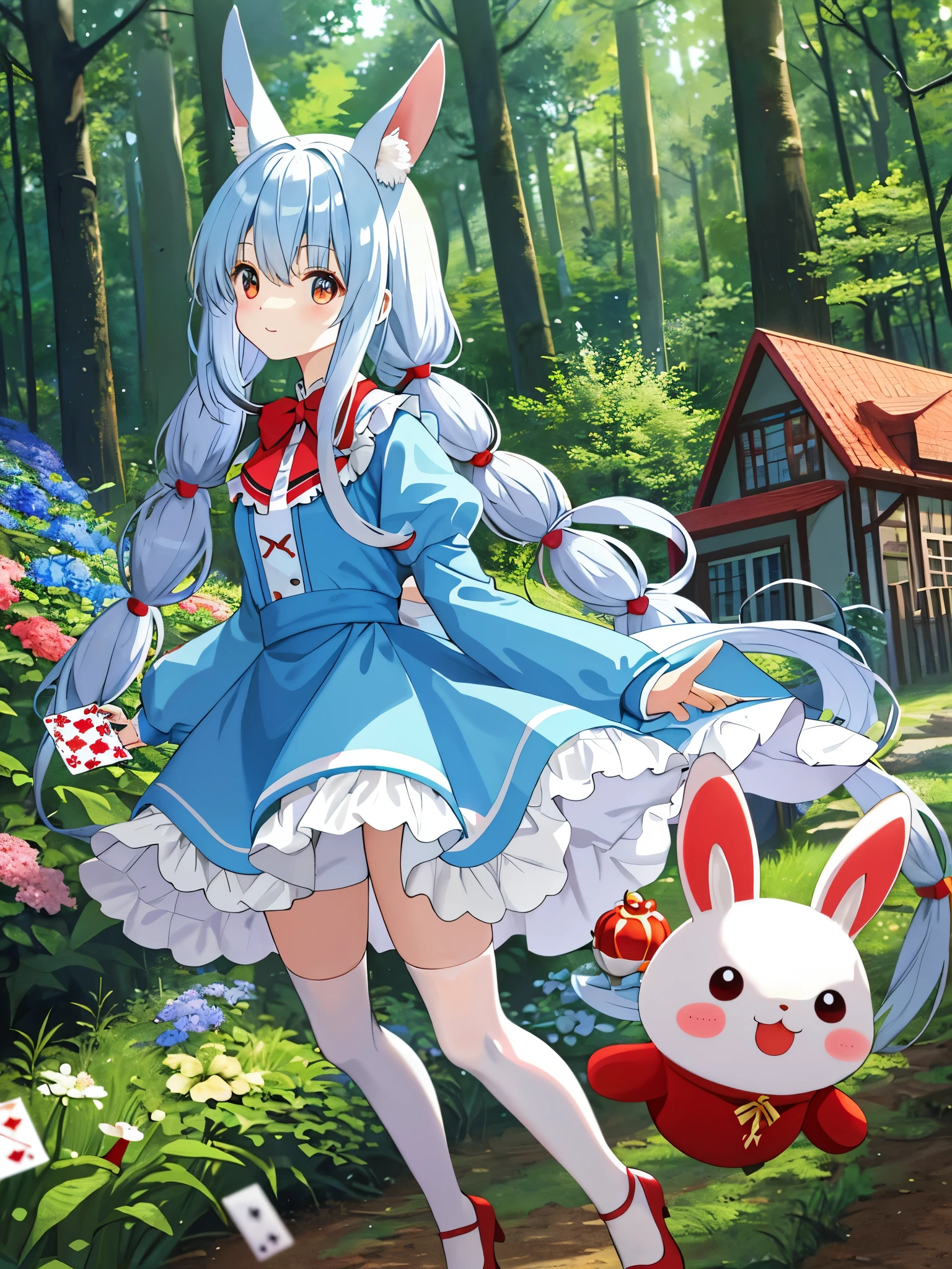 alice in wonderland　light blue long hair　Beautiful girl with twin tails　red  costume　Long rabbit ears　In the dense forest　running　Dynamic mode　I have a cute house　A cute white rabbit and a cat are together　lots of beautiful flowers　Forest Animals　watching over alice　A big playing card is standing。