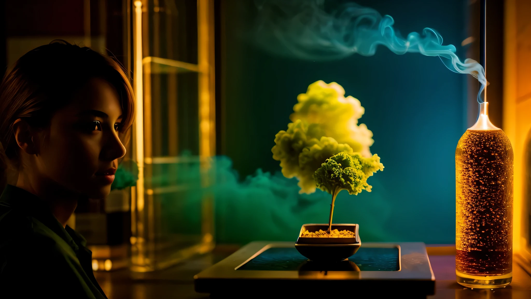 BLONDE  GIRL in lab table, scifi religious, AND SMOKE GREEN.