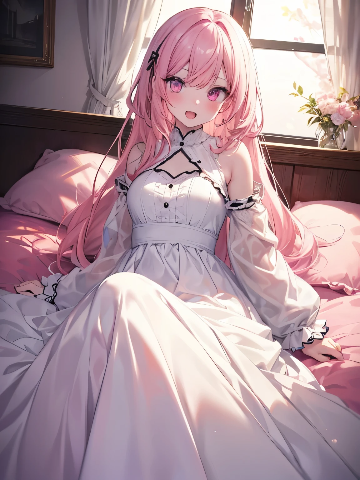 a preschool girl, A princess, Excellent figure, long leges, delicate hand, big chest and thin waist, Gorgeous bedroom, bed made of luxurious silk, marble floor, mahogany bed frame, Solid gold velvet pajamas, Faraway view, with pink hair, ahoge, crossed bangs, Hair over the shoulder, messy hair, buck teeth, unconscious, hyper HD, Anatomically correct, Best quality, tmasterpiece