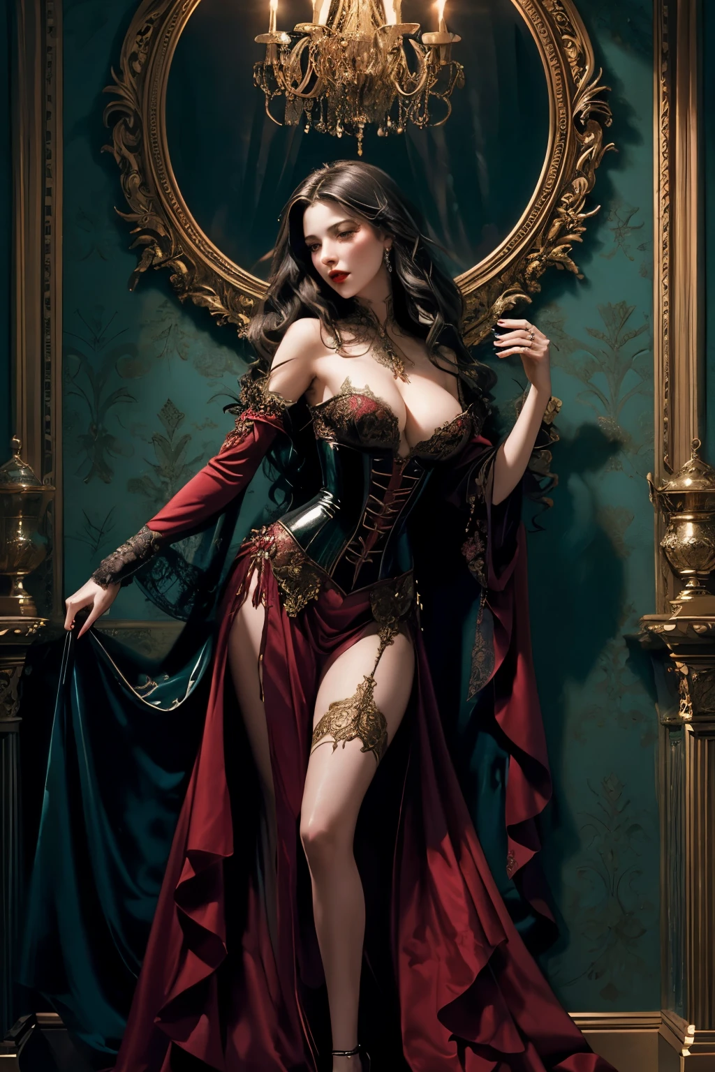 Beautiful and captivating painting of a perfect female vampire, showcasing a slender figure with an enchanting allure, vast breasts that seem to defy gravity, and shapeless, long, wavy hair cascading around her. Her features are near perfection, each line and curve perfectly defined. She is adorned in an extremely baroque vampire corset, intricately designed with exquisite details and ornate patterns.

This full-body photograph captures the abstract beauty and purity of form in the vampire's image, emerging as a near-perfect concept. The dynamic pose she presents adds to the captivating allure, contrasted against an ethere