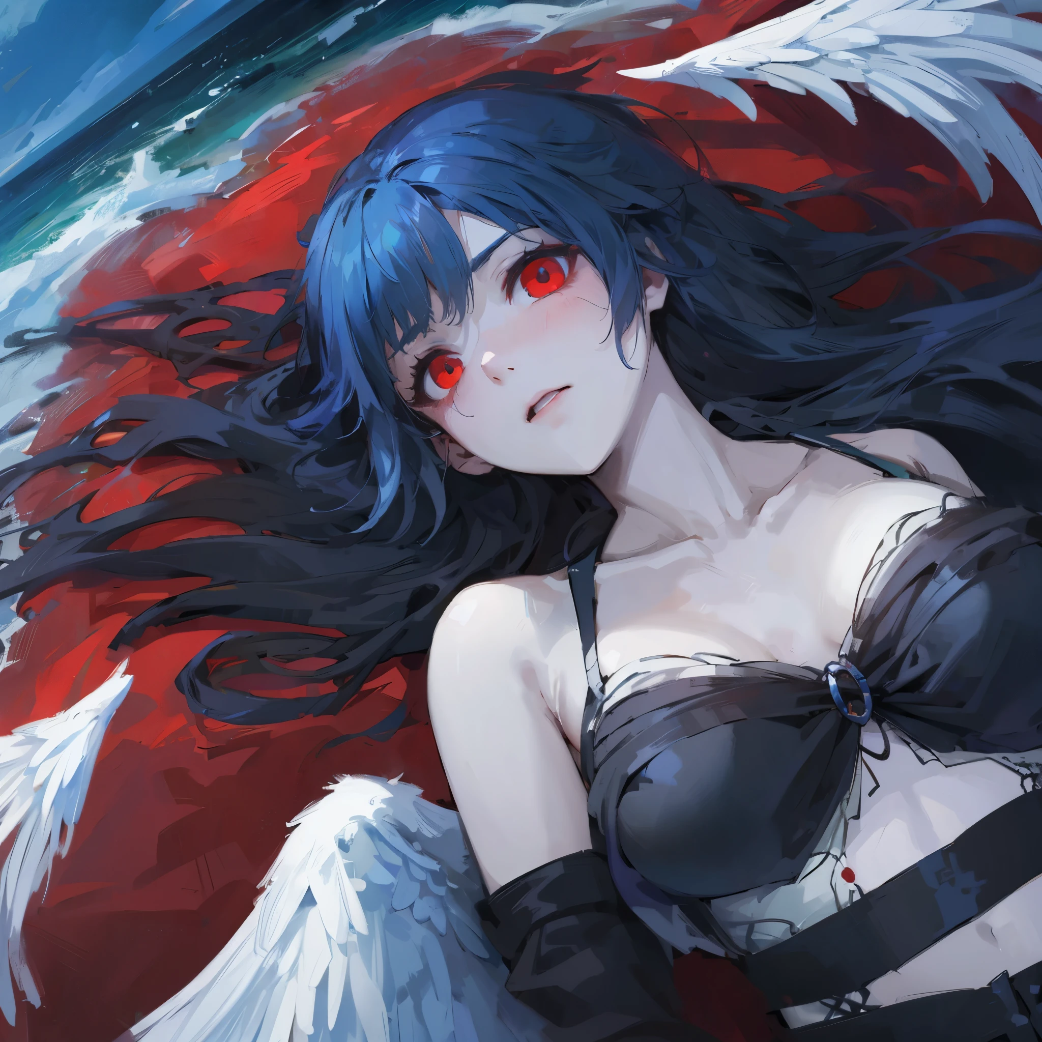 （highest quality、masterpiece、8k）Angel、Black wings、indigo hair、Red Sea、long hair、red eyes、lie down、horror、Expressionless thick coating、anime、Cinematic composition