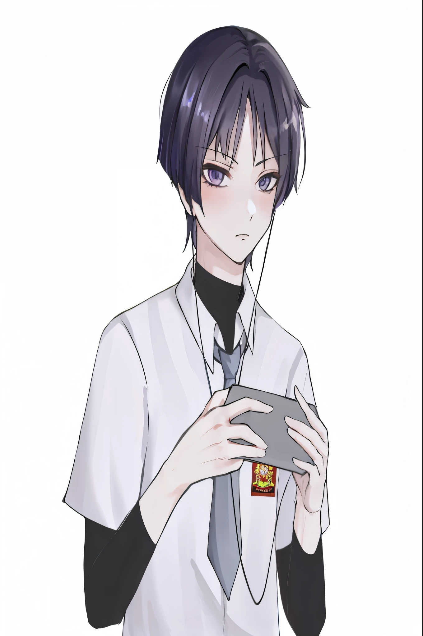 anime boy with purple hair and tie holding a phone, as an anime character, young anime man, inspired by Bian Shoumin, in an anime style, with index finger, inspired by Okumura Togyu, shuushuu anime image, jk uniform, tsukasa dokite, shigenori soejima illustration. With school background