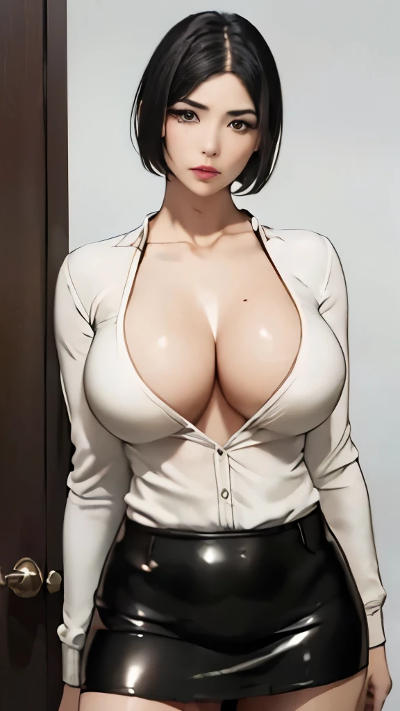 (masterpiece:1.3), (8K, realistic, RAW photo, highest quality: 1.4), (1 girl), beautiful face, big breasts、big cleavage、(black hair, short hair:1.3), beautiful hairstyle, realistic eyes, beautiful and fine eyes, (realistic skin), beautiful skin, (sweater、high waisted leather mini skirt), disorganized, Charm, ultra high resolution, surreal, very detailed, beautiful legs、Charmな太もも、((, Full shot :1.8)) , 