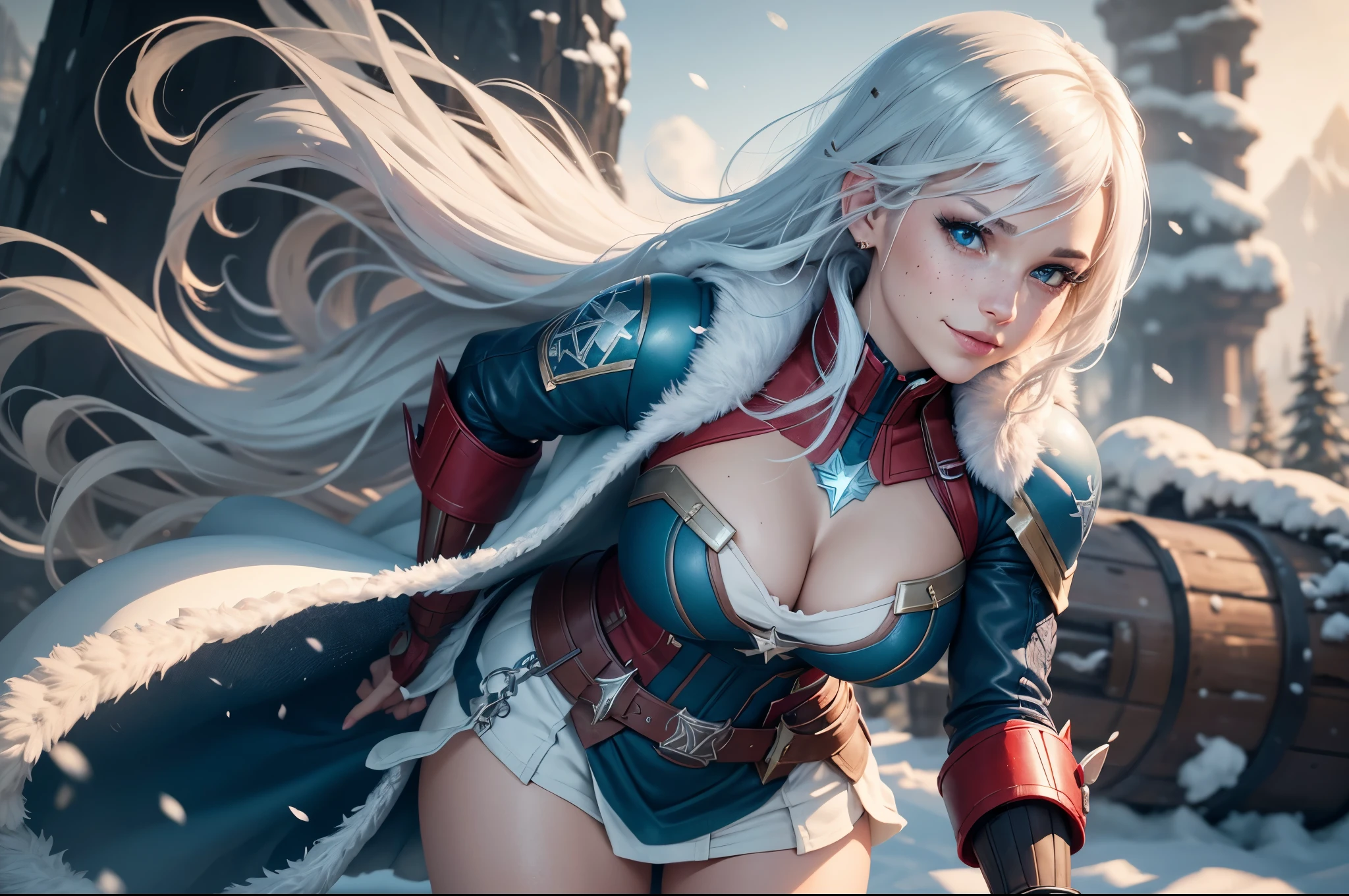 gwen tennyson,captain marvel,yorha 2b,1girl,overwatch,atelier ryza,close up,winter forest,viking village,rune tattoos,fur and white plugsuit,winter viking linen shirt,scarlet viking cape,fur viking armor,lycra mini skirt,long dress train,short viking hair,viking makeup,blue eyes,multicolored silver hair,fur gloves,sexy smile,freckles,beautiful girl,thigh high fur boots,large breasts,8k,ultra detailed,realistic,fantasy art,viking armor,hair pin,ear piercings,(weather:windy),solo girl,