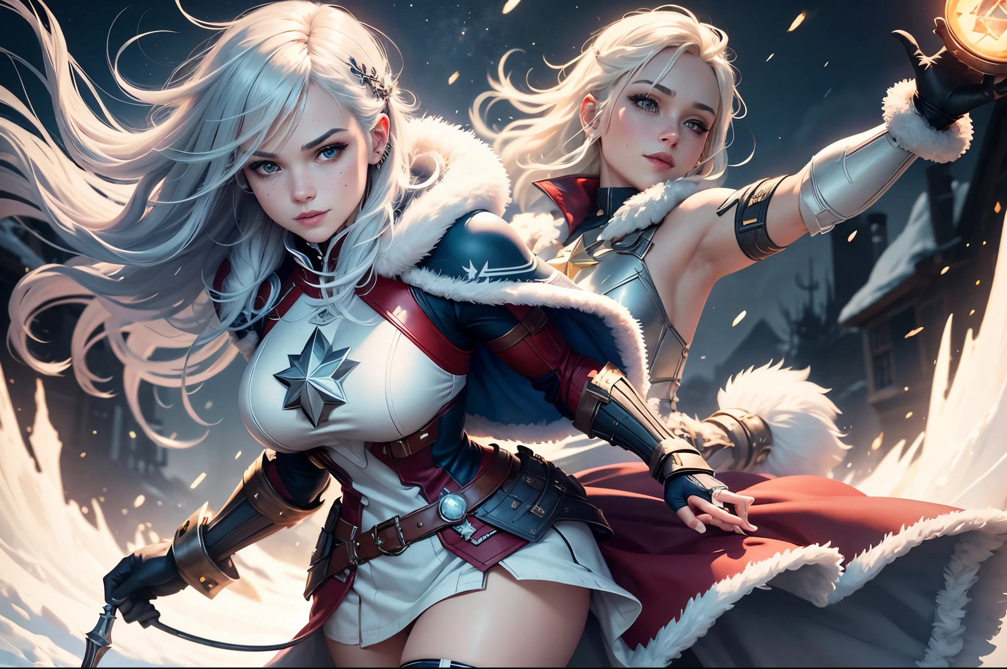 gwen tennyson,captain marvel,yorha 2b,1girl,overwatch,atelier ryza,close up,winter forest,viking village,rune tattoos,fur and white plugsuit,winter viking linen shirt,scarlet viking cape,fur viking armor,lycra mini skirt,long dress train,short viking hair,viking makeup,blue eyes,multicolored silver hair,fur gloves,sexy smile,freckles,beautiful girl,thigh high fur boots,large breasts,8k,ultra detailed,realistic,fantasy art,viking armor,hair pin,ear piercings,(weather:windy),solo girl,