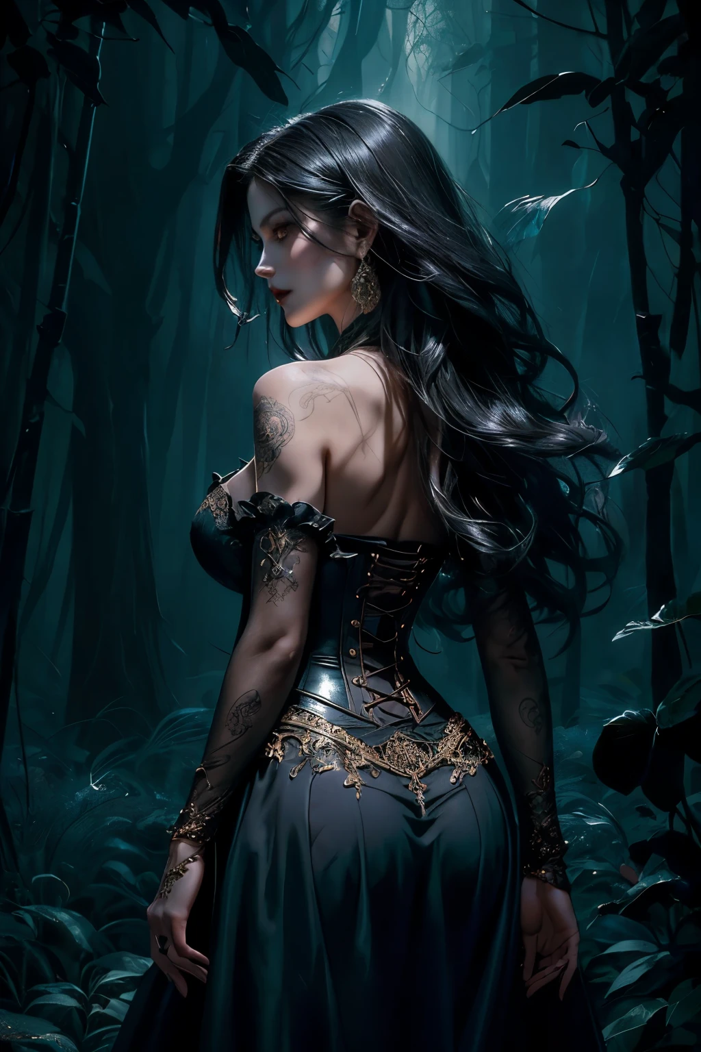 (Beautiful painting of a perfect female vampire with a slender figure and large breasts,) shapeless, long hair flowing softly around her, (perfect features accentuated by a striking makeup), (wearing an extremely ornate and intricately designed baroque vampire corset), (positioned in a captivating cowboy shot with a hint of mystery), (abstract beauty with near-perfection and a sense of pure form), (dynamically posed amidst an ethereal background), (deep dark shadows adding depth and drama to the scene), (strong cinematic lighting illuminating her features), (back lighting enhancing the texture and details of her garment), (concept